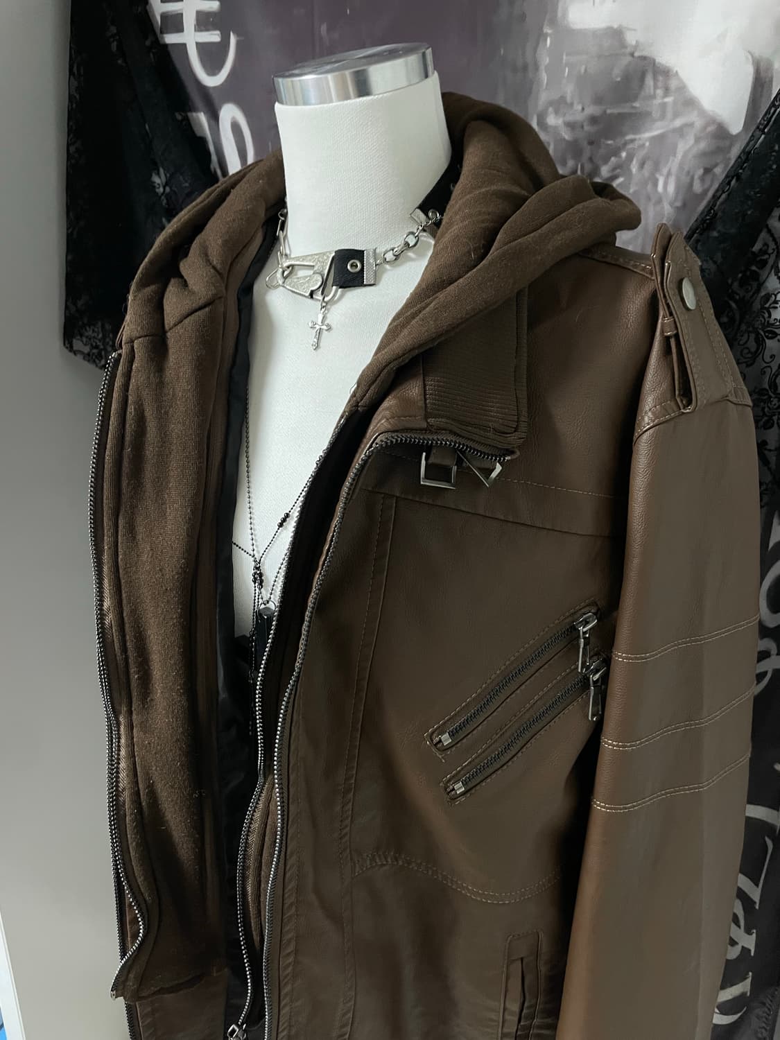 비건레더자켓 후드집업 레이어드 빈티지 봄버 유니섹스앤더슨벨에디슬리먼st 상품이미지3