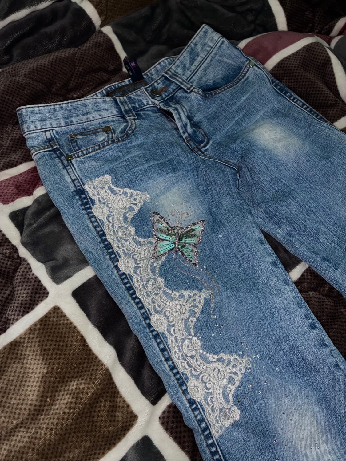 y2k 오네가루 나비레이스 연청 부츠컷 상품이미지1