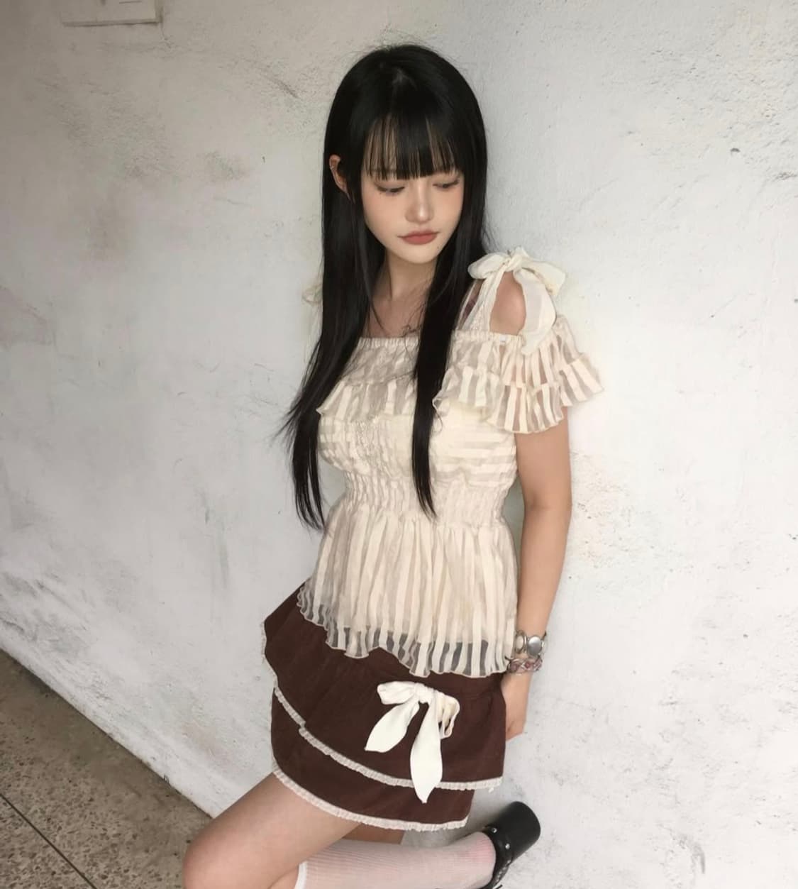 로걀탑 빈티지 엑시즈팜 오프숄더 블라우스 프릴 레이스 핑크 슬리브리스 상품이미지4