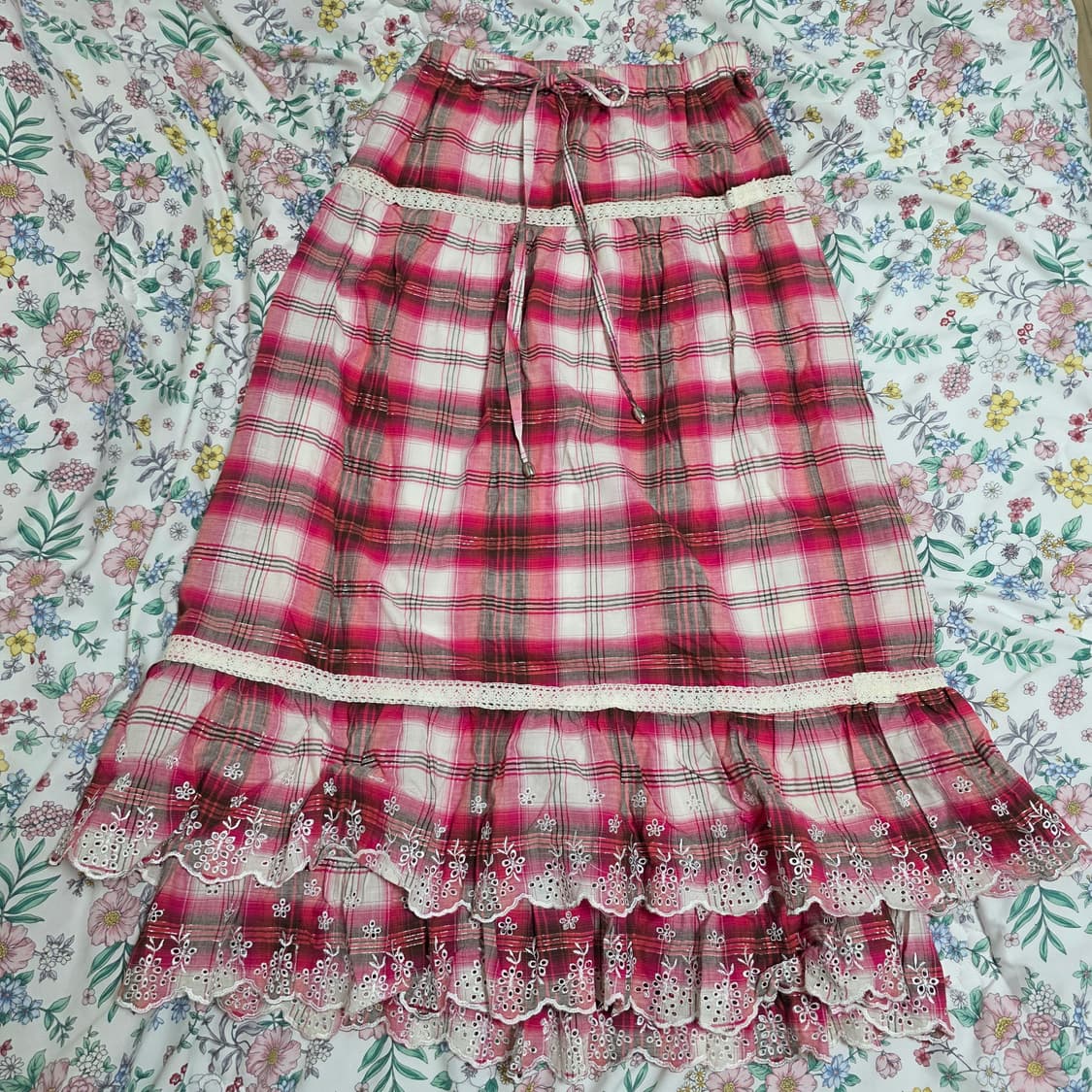 세실맥비 일본빈티지)패치워크st 체크 핑크 캉캉 레이스 밴딩 롱스커트 상품이미지1