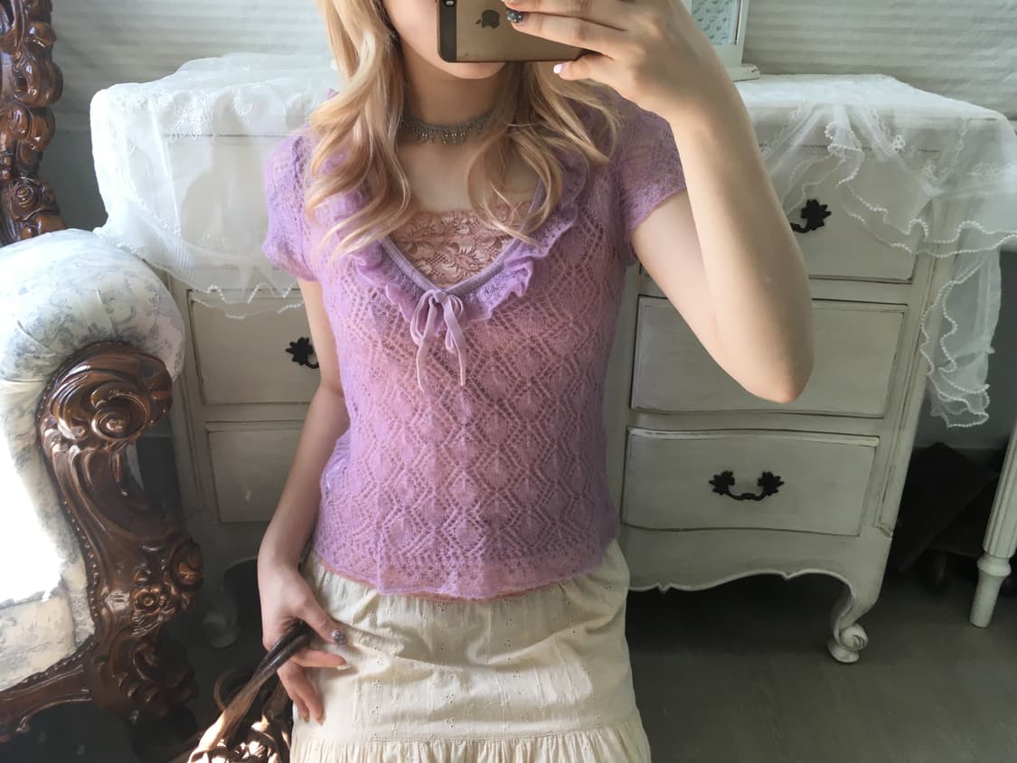 Set)연보라 모헤어 프릴 니트 + 핑크레이스 나시 상품이미지3