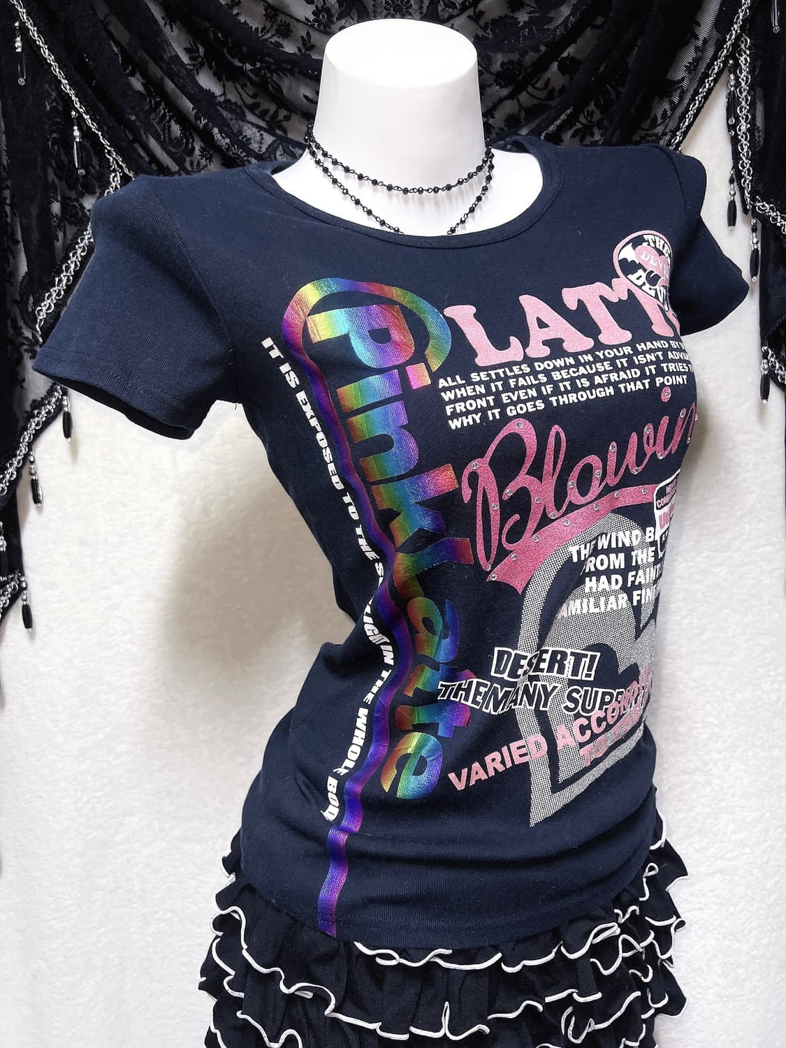 핑크라떼 헤이세이 갸루 키치 러블리 글리터 레터링 반팔탑 펑크 핀터 상품이미지5