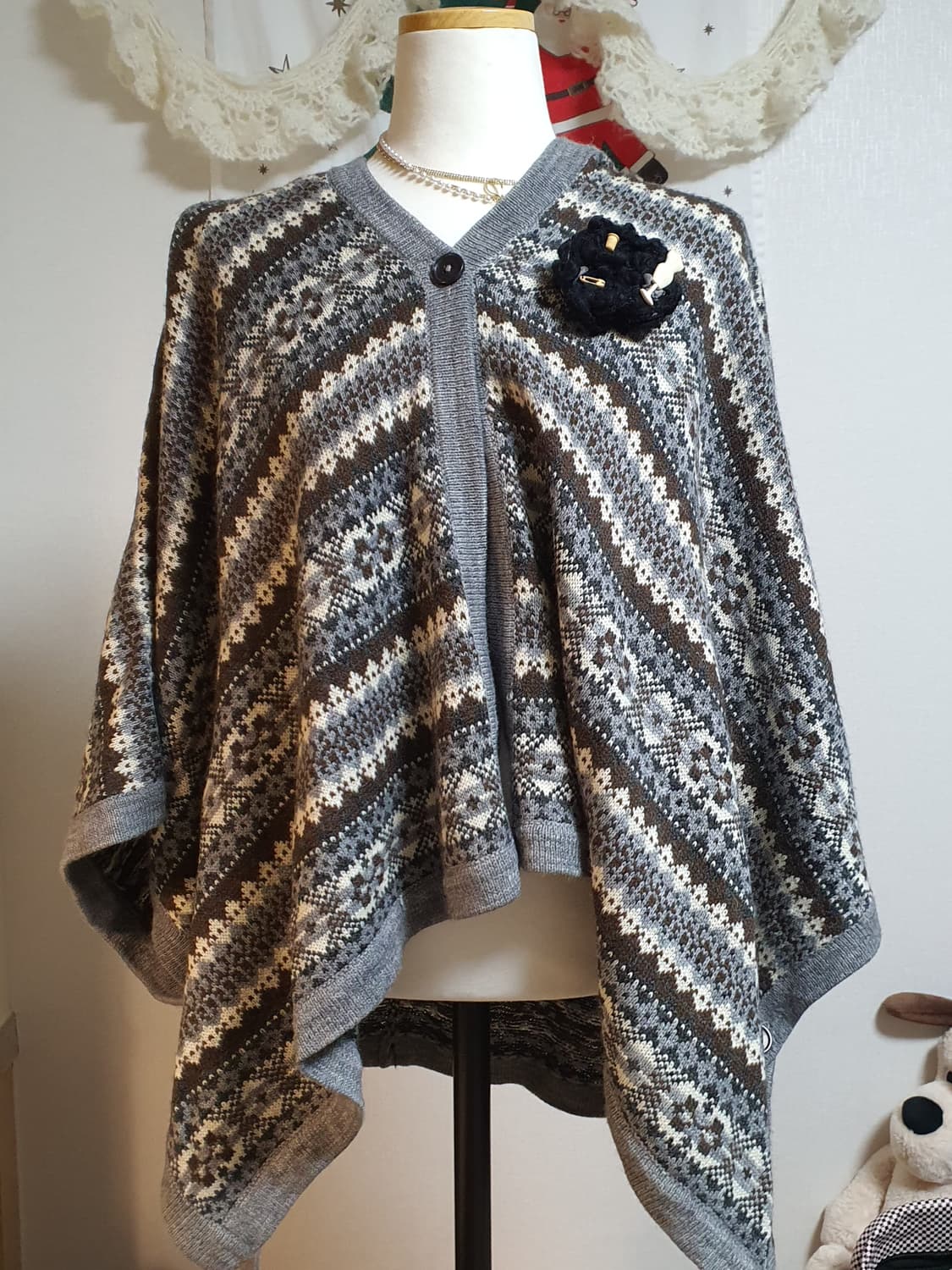 [모리걸] 노르딕 패턴 니트 판쵸 케이프 에스닉모리 상품이미지2