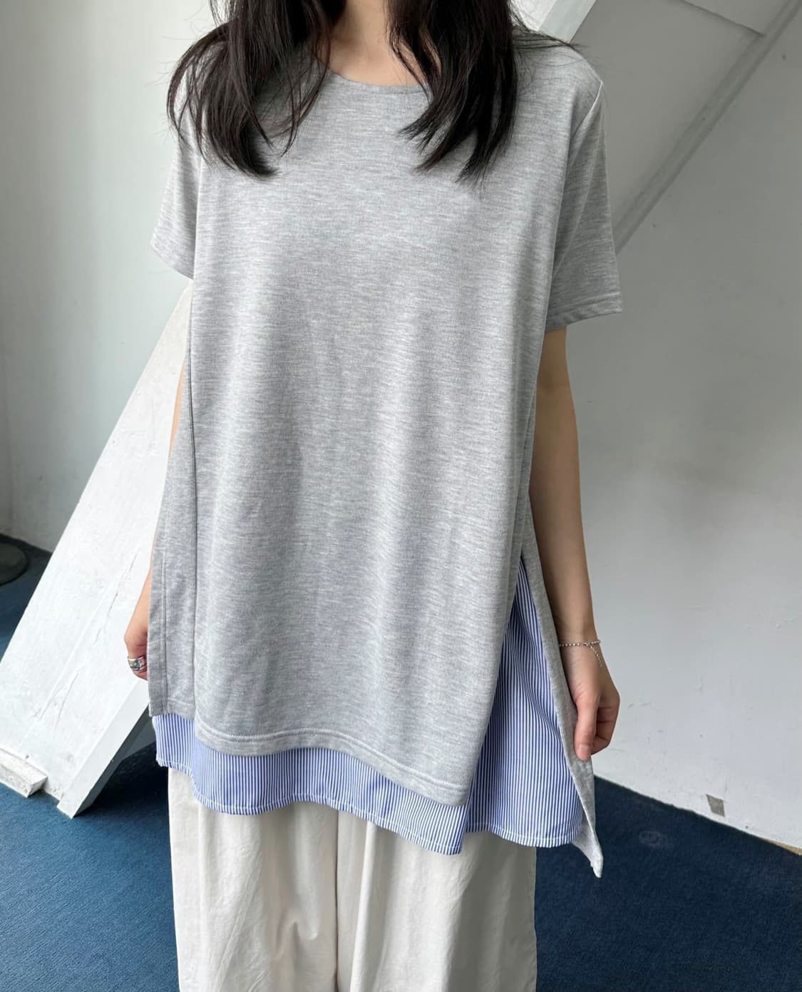 Stretched fabric fake layered long top 상품이미지10