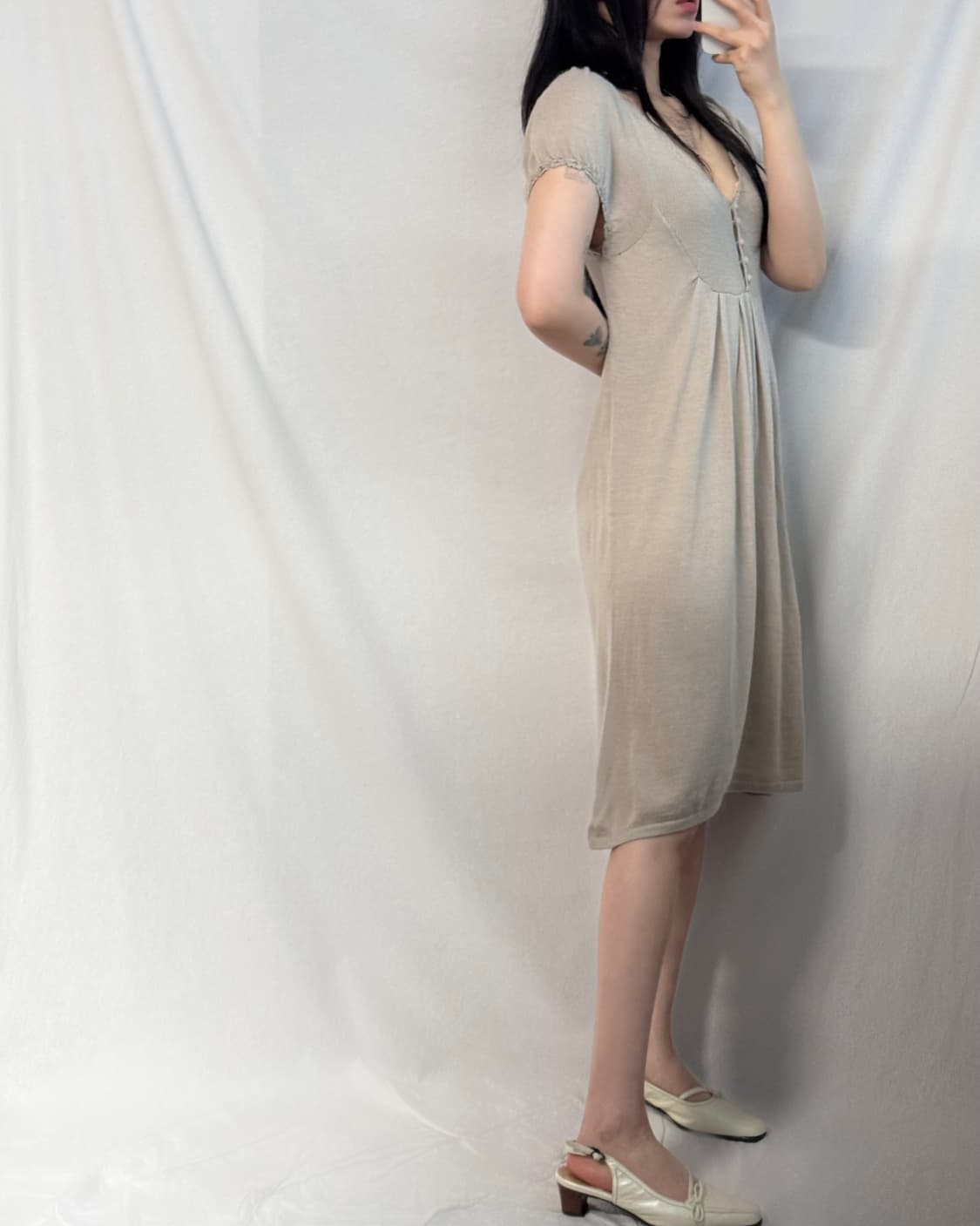 버튼 넥 퍼프 슬리브 니트 원피스 (+레이스 이너) 상품이미지5