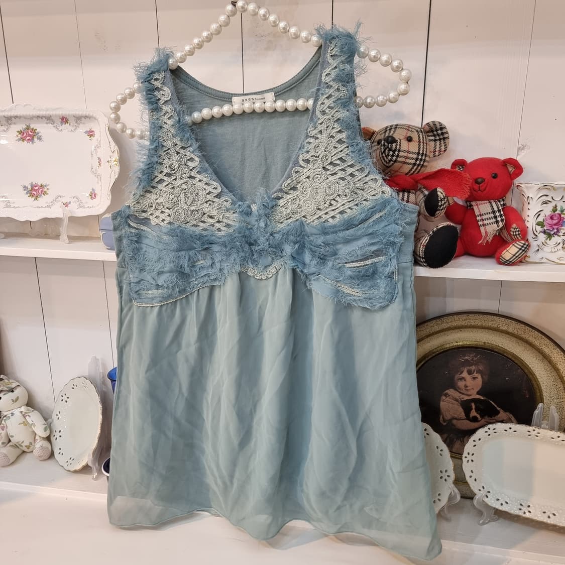 axes femme 악세스팜므 빈티지 안개블루 레이스 프릴탑 상품이미지4