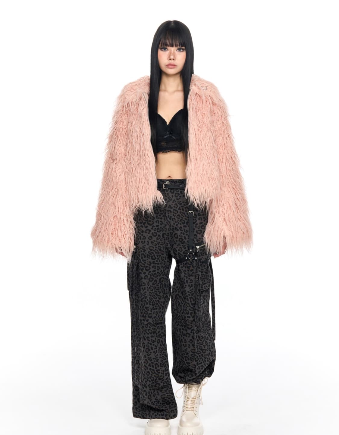 스키즘인듀싱 크롭 스파이키 폭스퍼자켓 베이비핑크 페이크시어링숏점퍼헤어리믹 상품이미지1