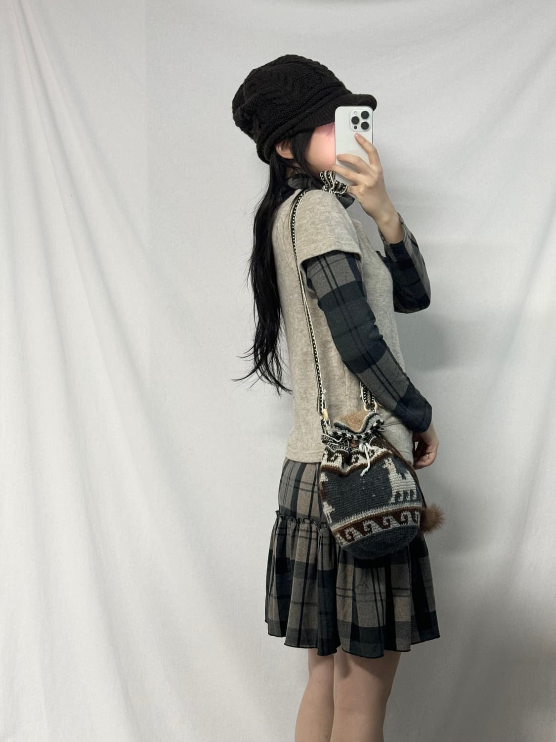 셔링 넥 체크 패턴 레이어드 니트 원피스 2pcs SET 상품이미지4