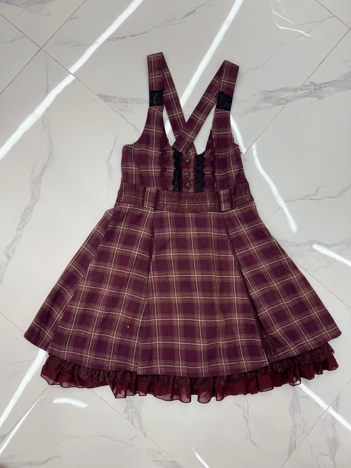 •Japanese vintage 체크 뷔스티에 버건디 원피스 상품이미지1