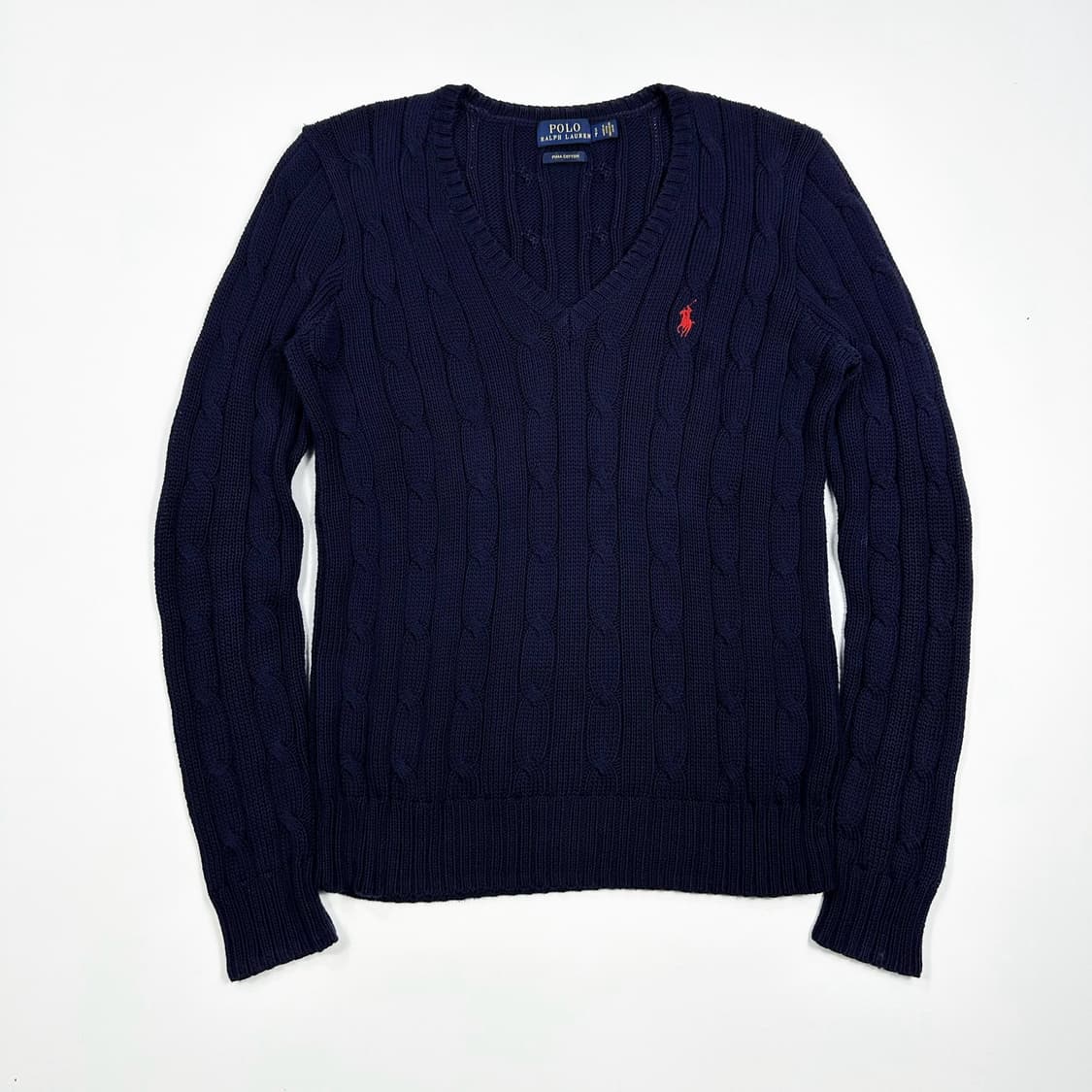 폴로 랄프로렌 클래식 피마코튼 브이넥 케이블 니트 네이비 여성S 상품이미지1