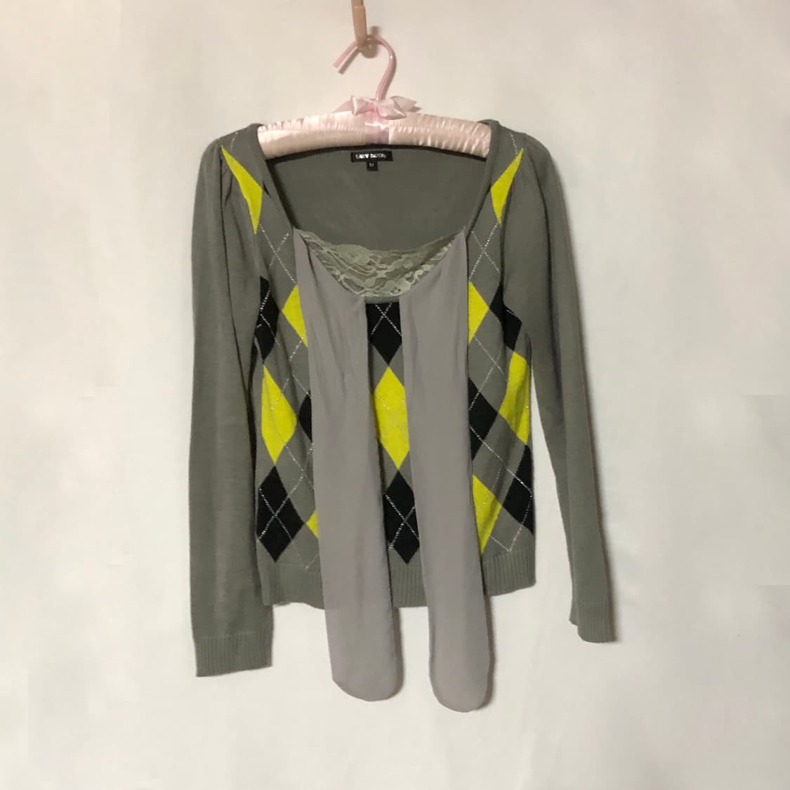 리본 레이스 로걀 아가일 니트 탑 그레이 상품이미지8