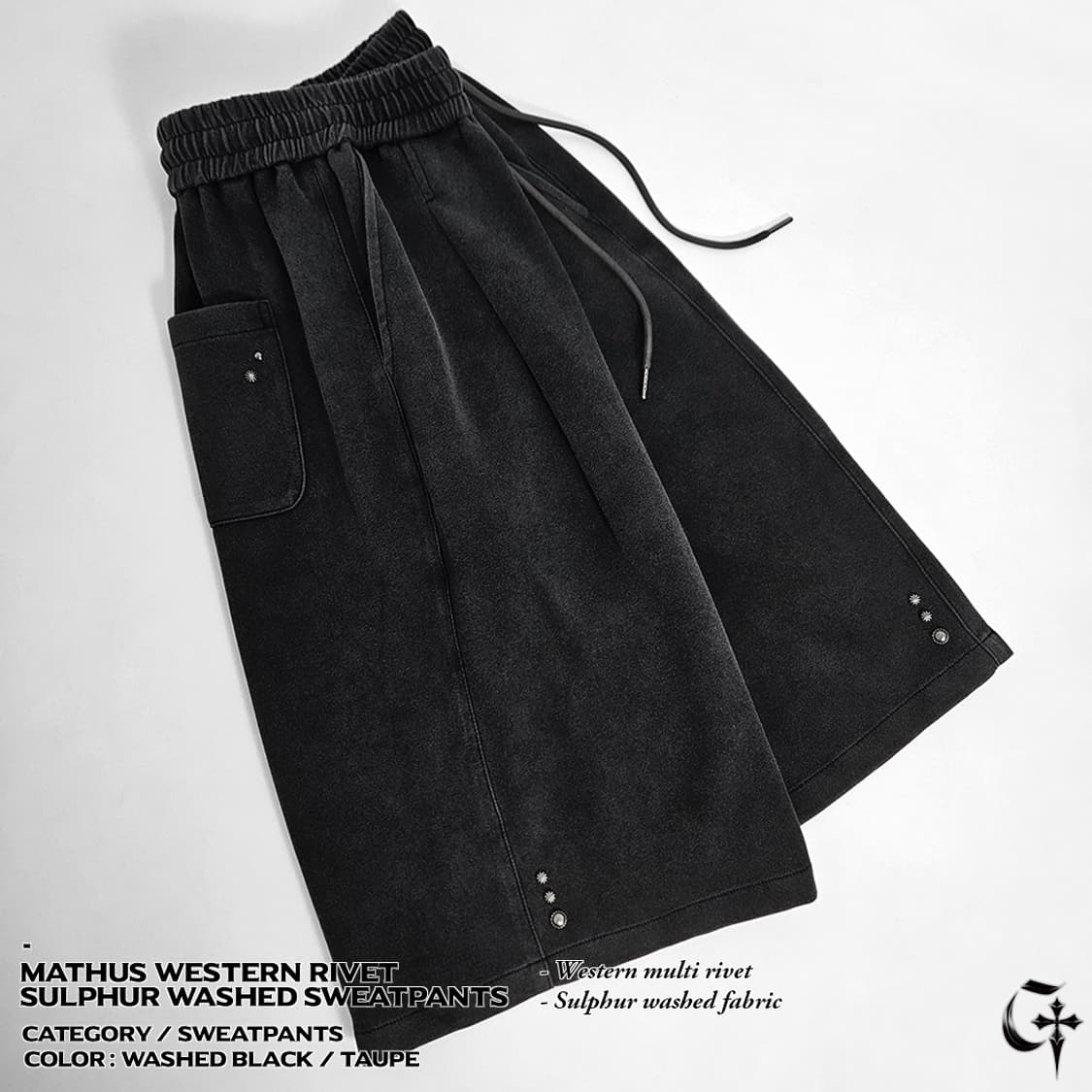 Mathus 웨스턴 리벳 설퍼 스웨트 팬츠 (washed black) 상품이미지1