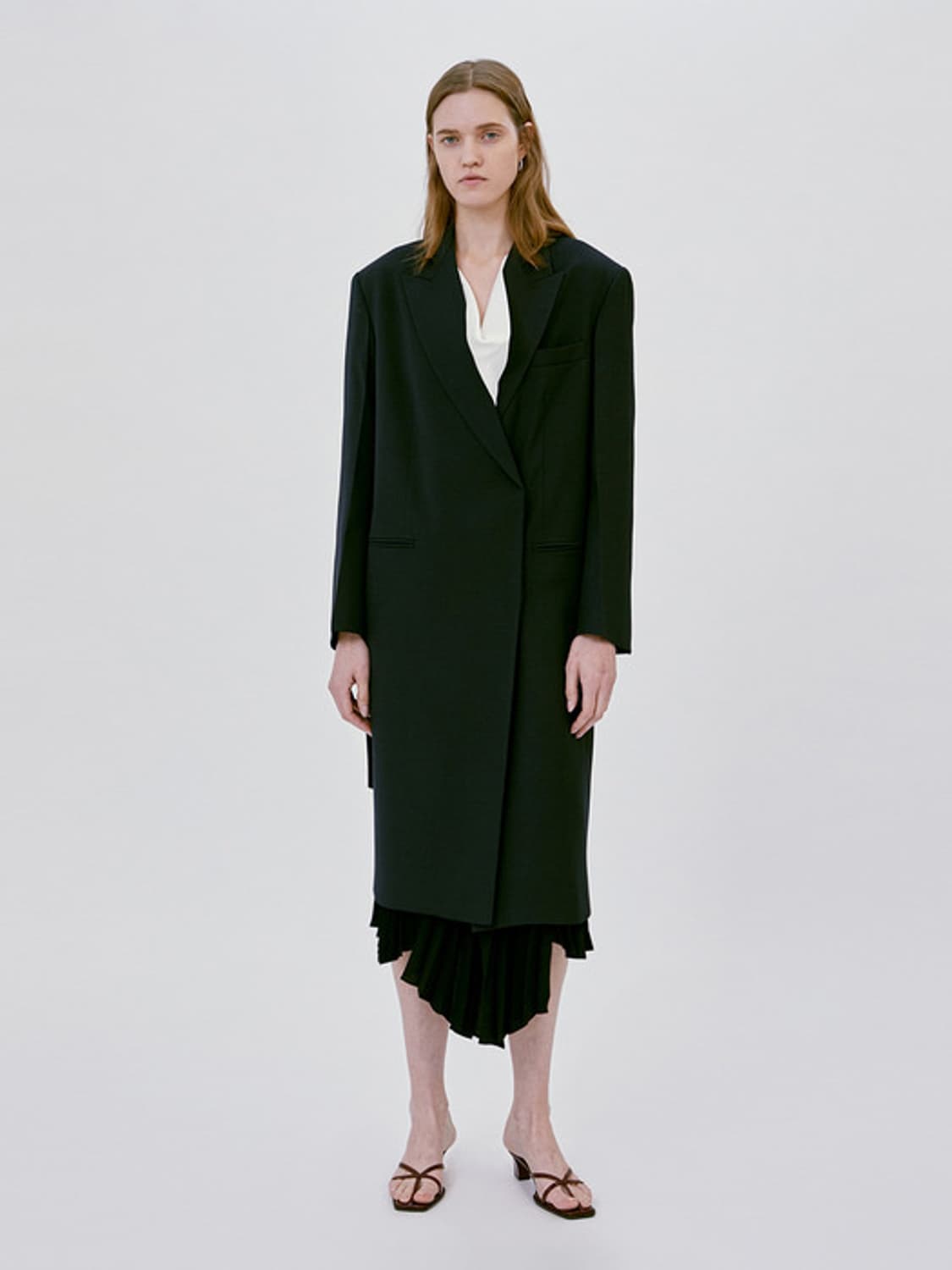 렉토 벨티드 테일러드 코트 네이비 벨트 롱 코트 더블 싱글 울 클래식 상품이미지1