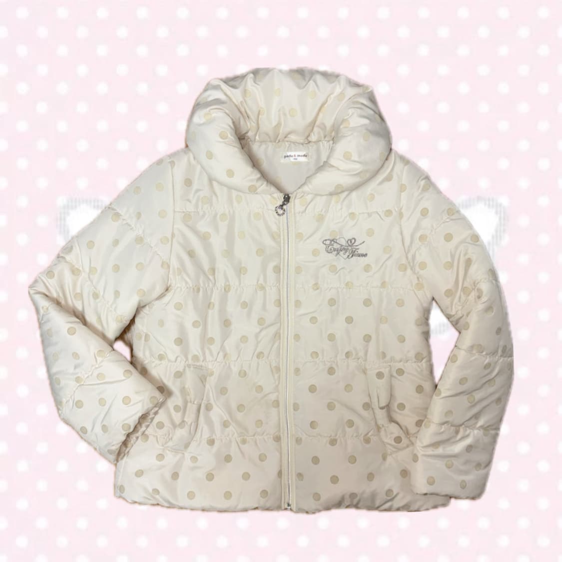 히메갸루 모리걸 아이보리 베이지 도트 리본 숏패딩 아우터 상품이미지1