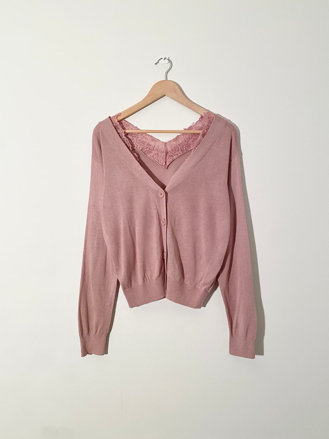 Pink V-Neck Lace Knit Cardigan 상품이미지1