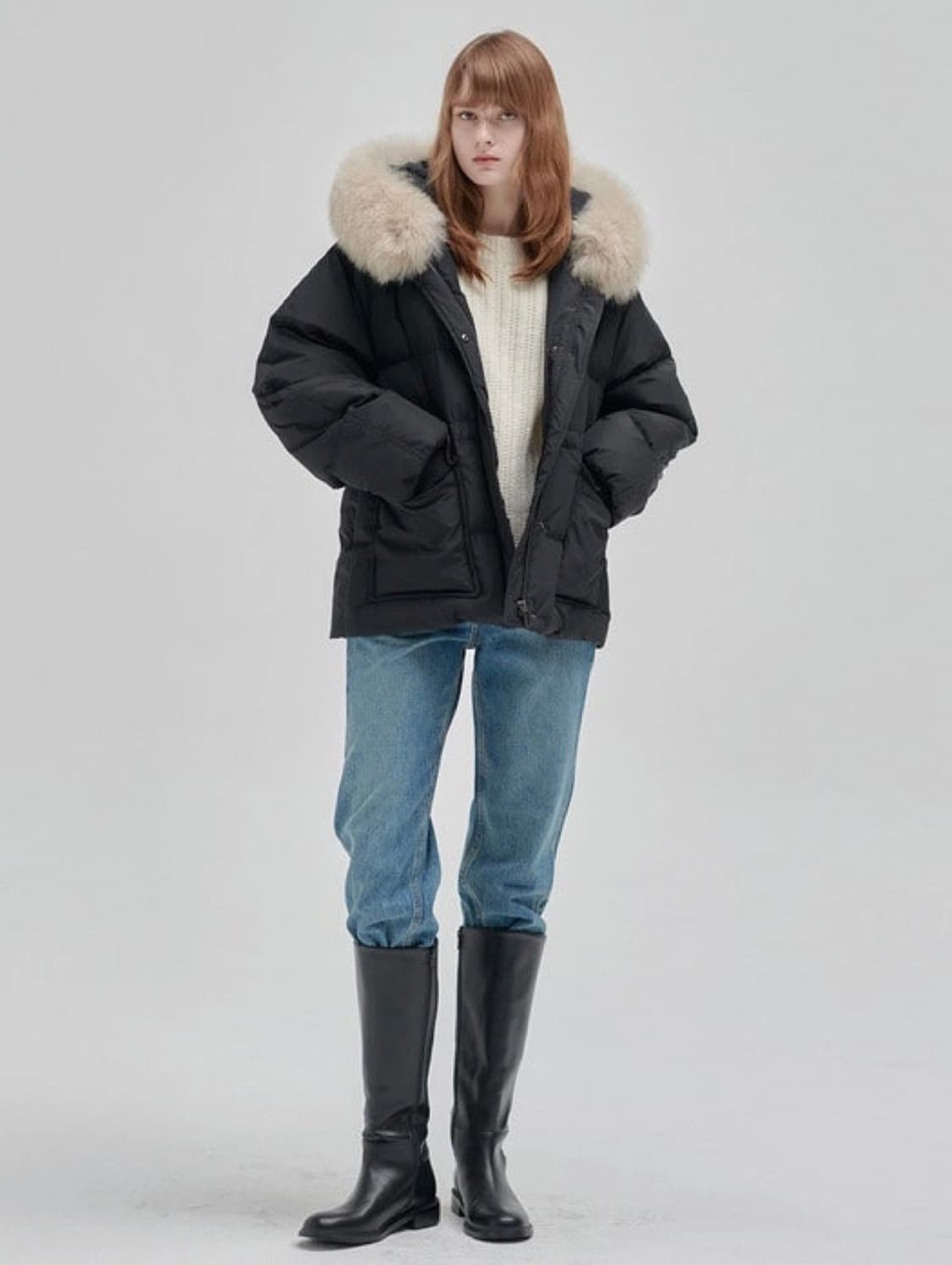 닐바이피 폭스퍼 후드 벨트 패딩 블랙 상품이미지2