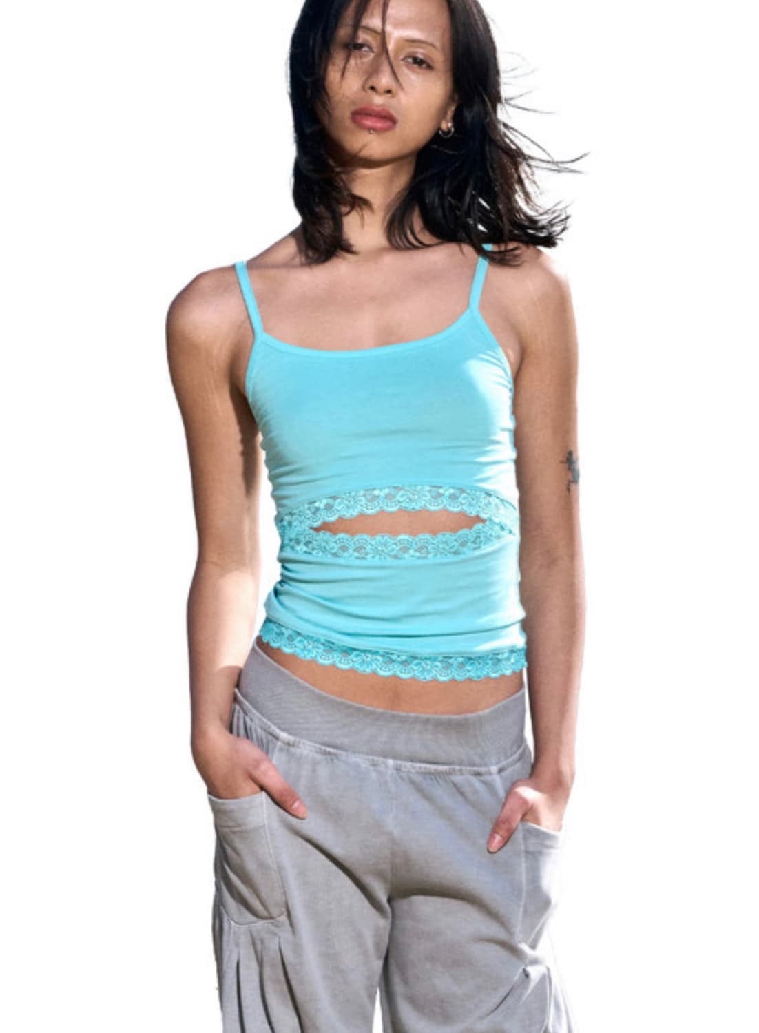 오들리워크샵 Lace Cutout Tank Aqua 슬리브리스 상품이미지1