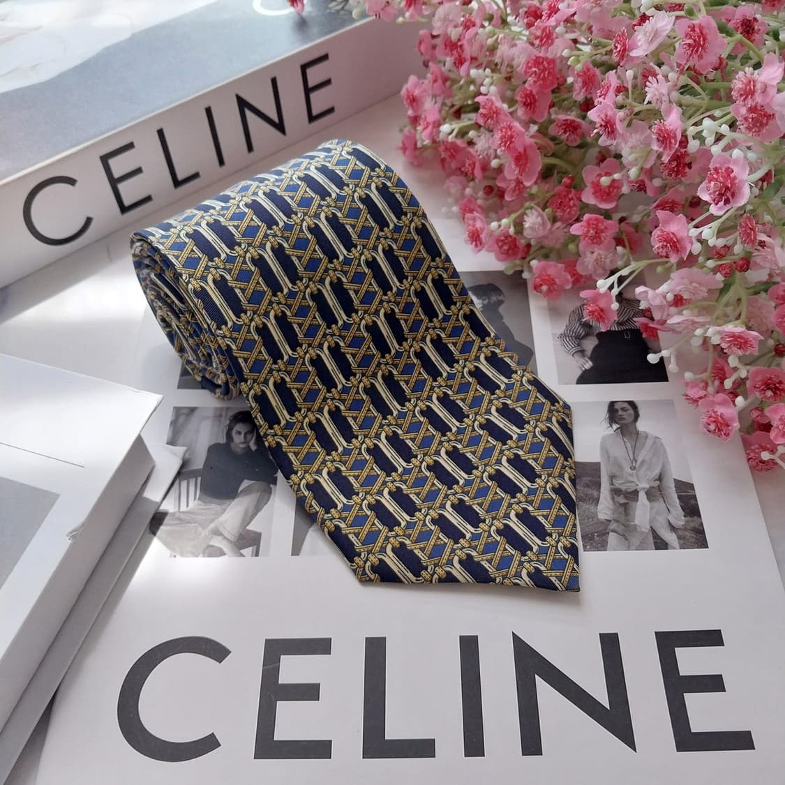 CELINE 셀린느 실크 네이비 패턴 넥타이 9.5cm A+등급 K258 상품이미지2