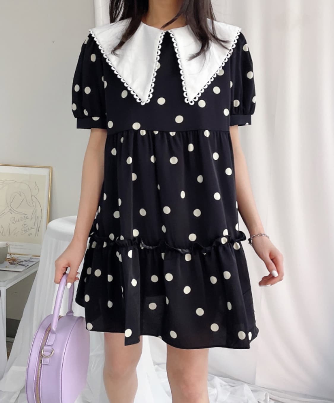 새상품) 레트로 빅카라 도트 미니원피스 블랙/베이지 일괄 상품이미지1