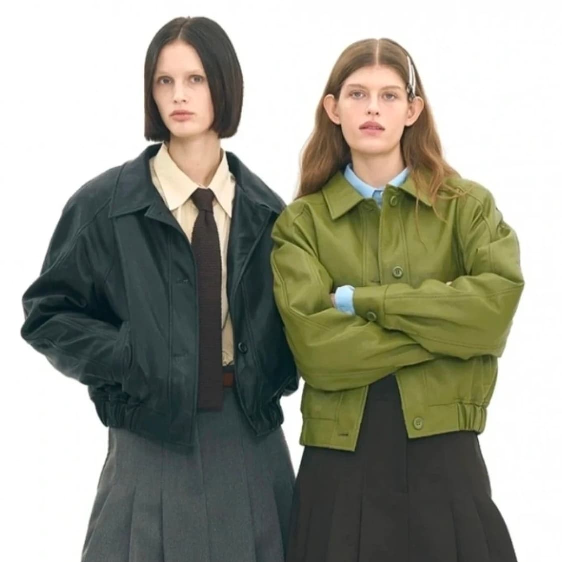 새제품) 파르티멘토우먼 레더 크롭 블루종 올리브그린 레드벨벳 웬디 착용 상품이미지1