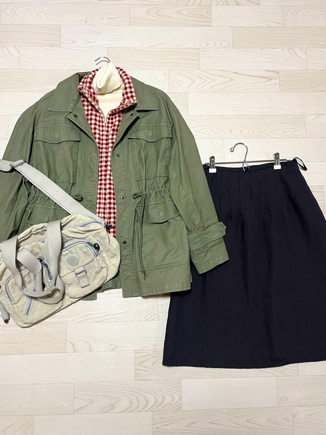 일본빈티지 카키자켓 체크 플리스 미디치마 키프링백 하구미 모리걸 상품이미지2