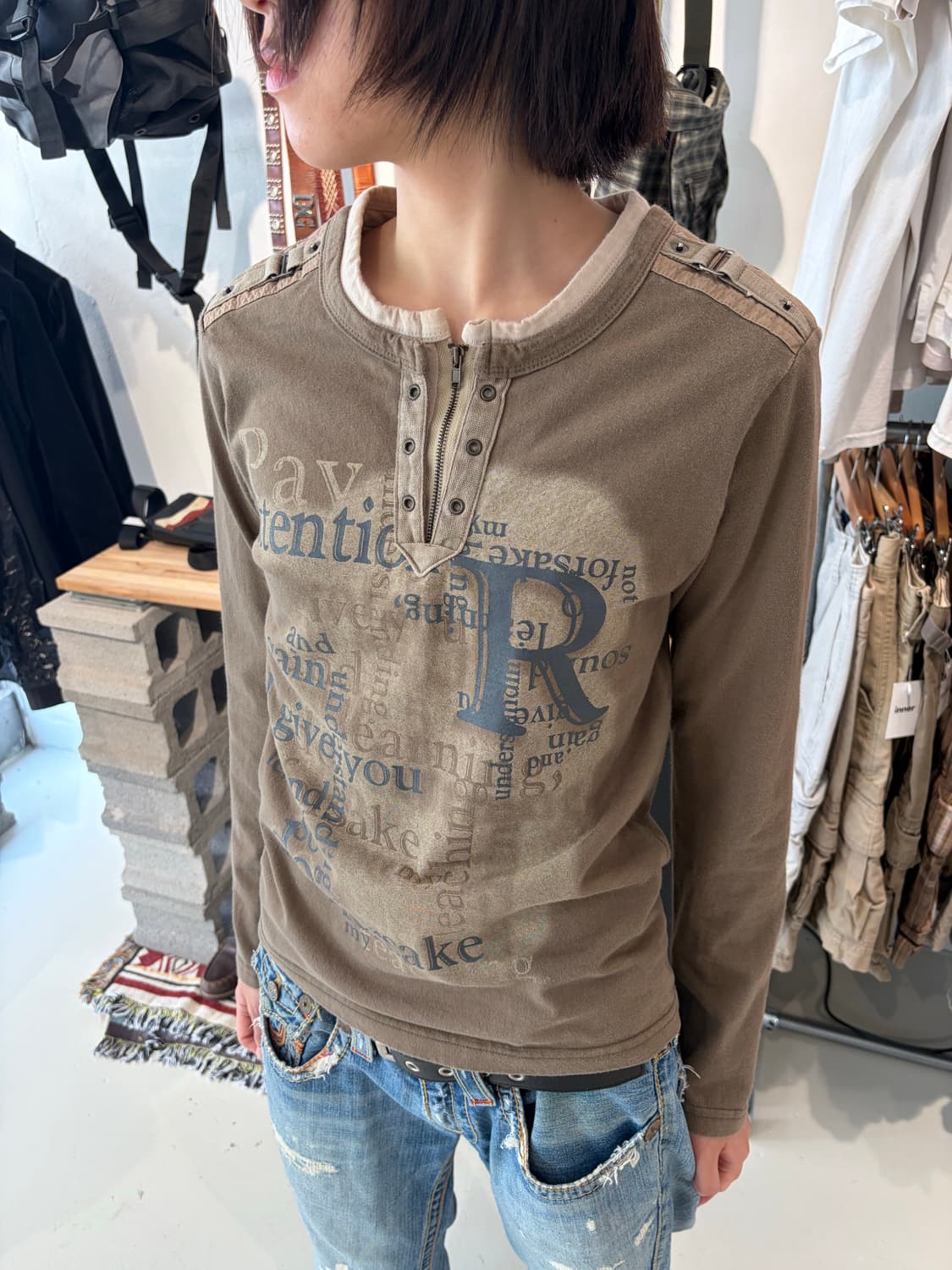 MINIBE JEAN 타이포그래피 헨리넥 롱슬리브 S 상품이미지6
