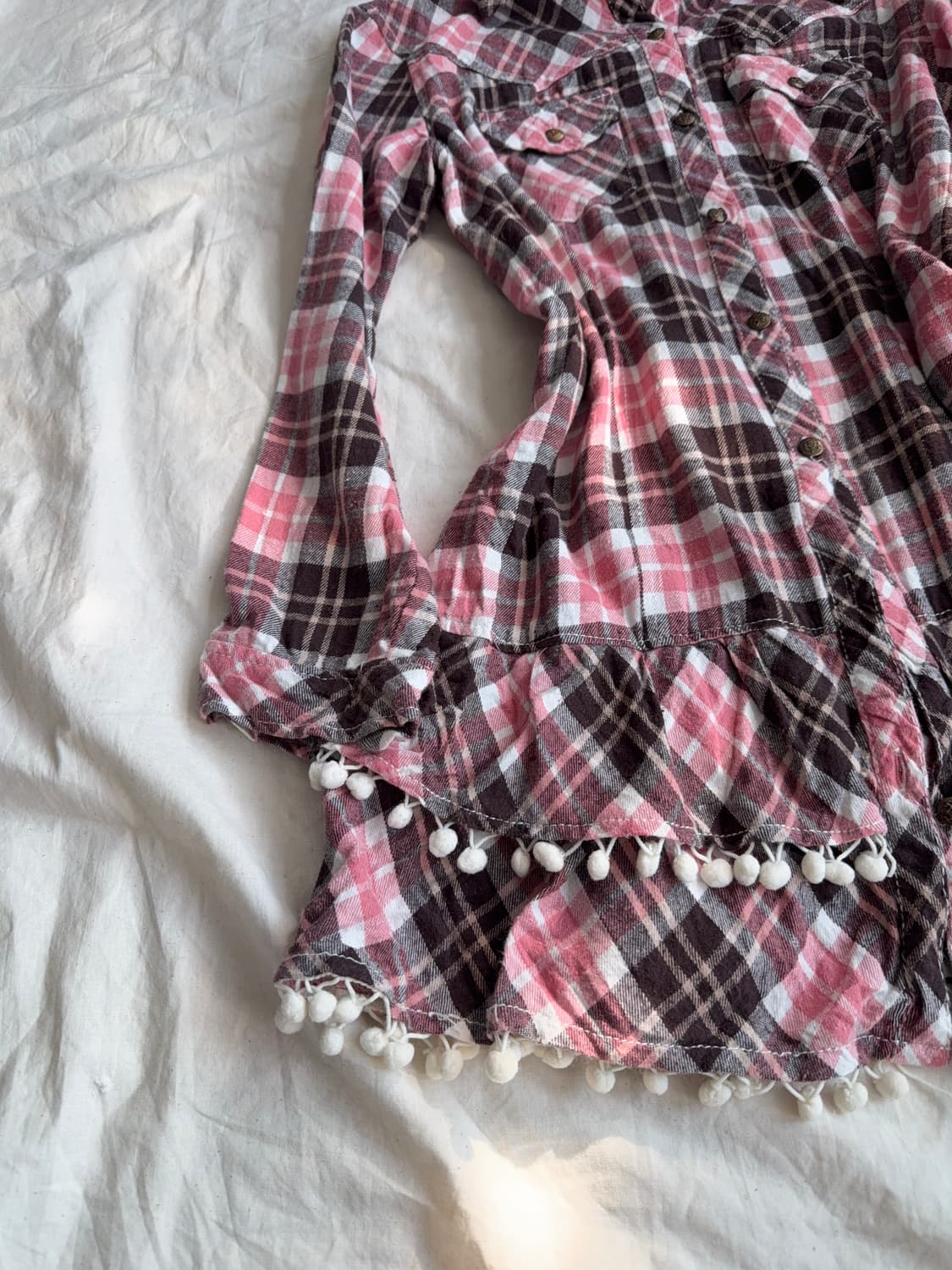 모카라떼 갸루 러블리 체크 폼폼 셔츠 원피스 상품이미지2