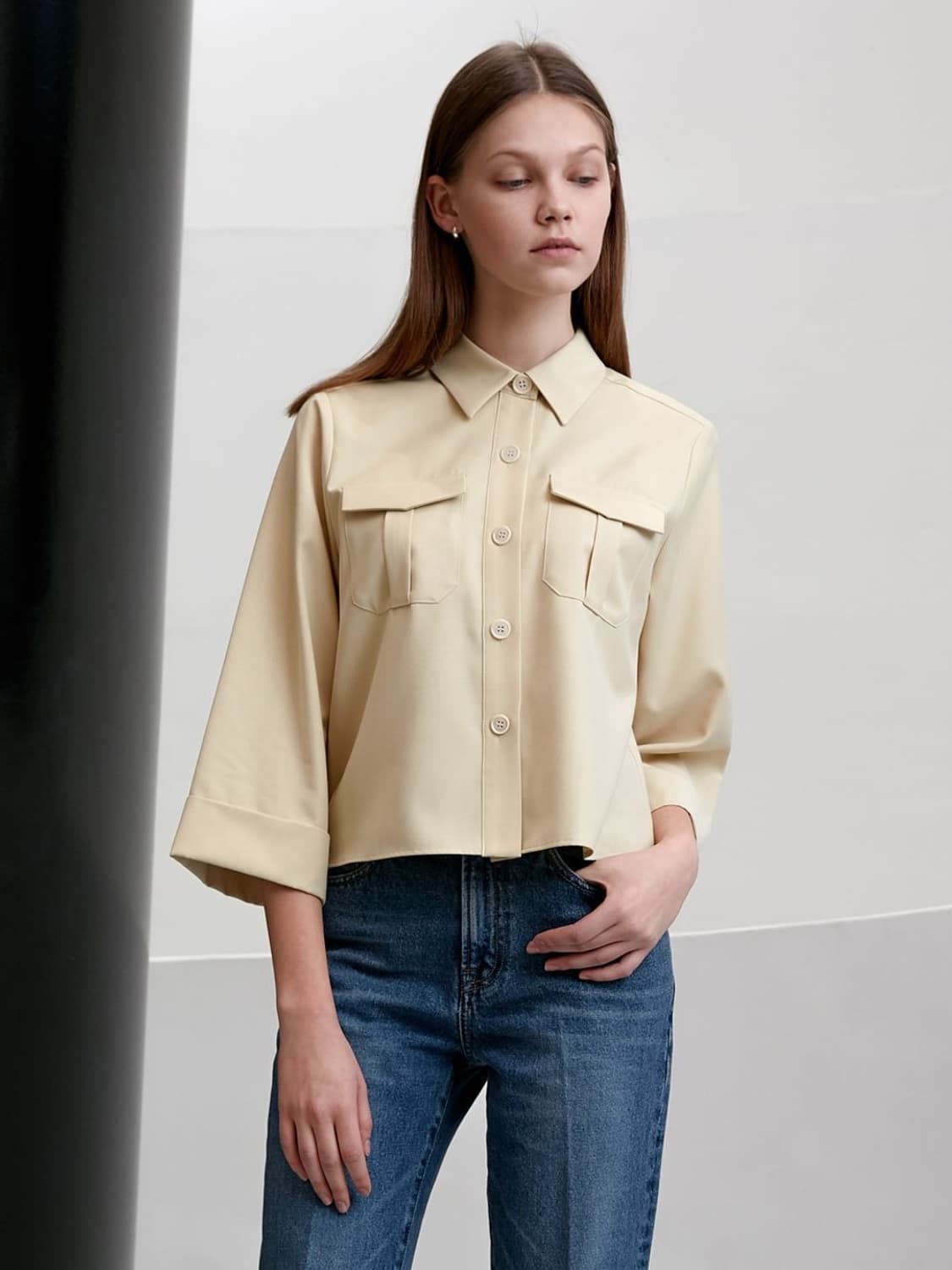 던스트 베이지 포켓 카브라 클래식 크롭 셔츠 블라우스 S 상품이미지1