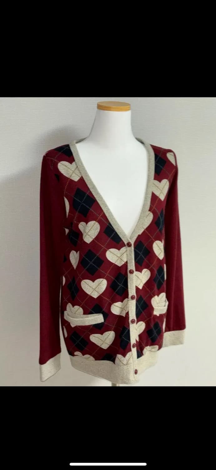 아가일 하트 패턴 레드 가디건 상품이미지3