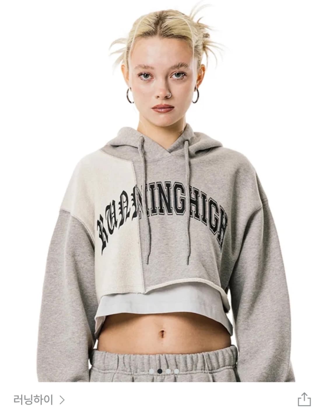 러닝하이 아치 로고 레이어드 크롭 후디 후드 [회색] 상품이미지1