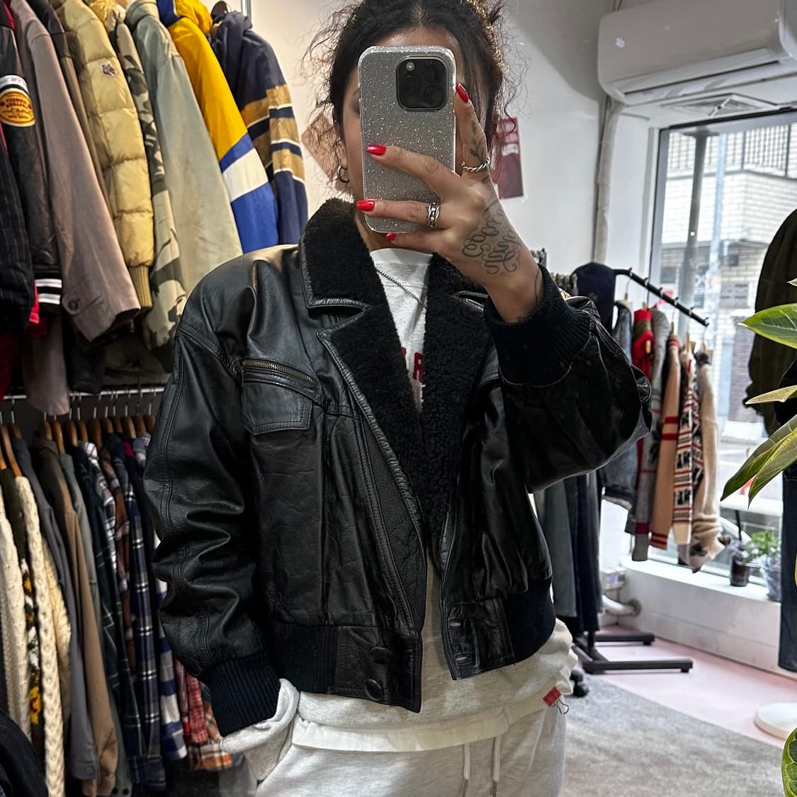 80s 퍼카라 크롭 소가죽 봄버 자켓66 상품이미지2