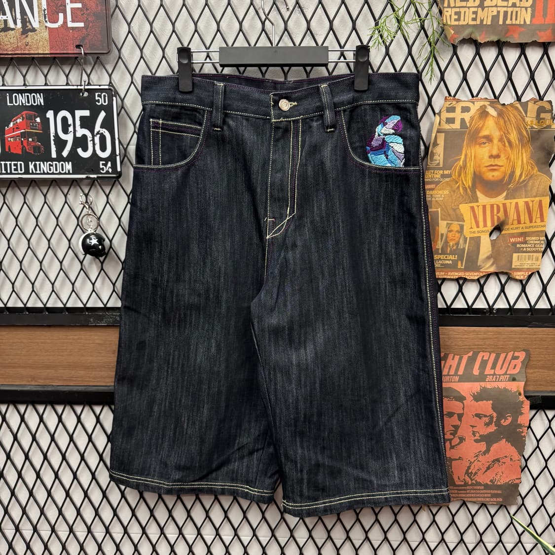 00s 쿠지 데님 반바지 전후면 포켓 앵무새 자수 포인트 흑청 상품이미지2