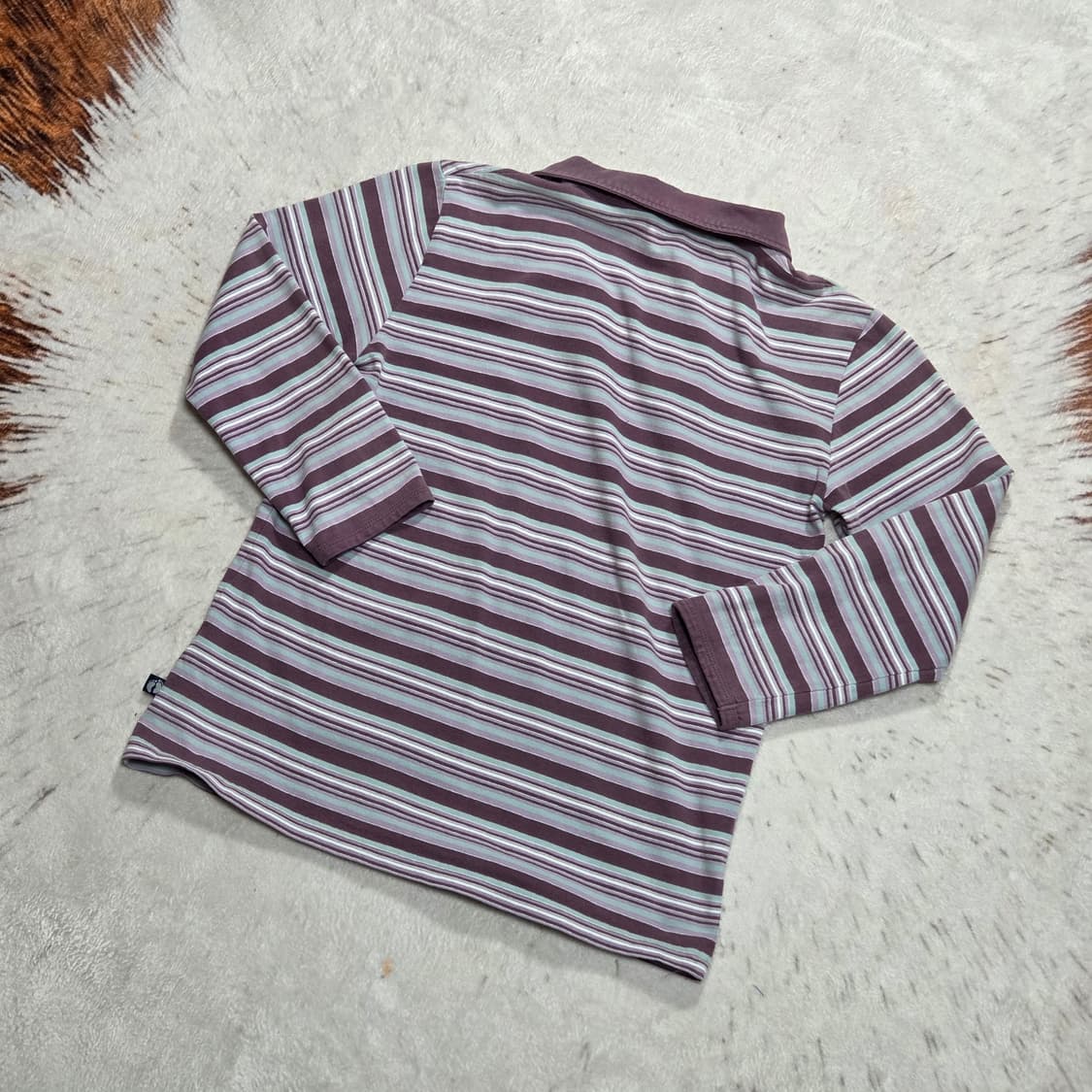 일본 빈티지 퍼플 스트라이프 7부 카라 티셔츠 상품이미지4
