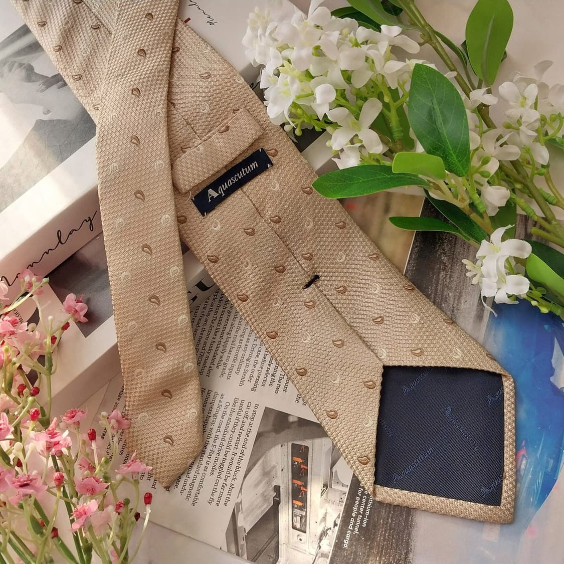 아쿠아스큐텀 실크 베이지 워터드롭 넥타이 8.5cm A등급 K1568 상품이미지5