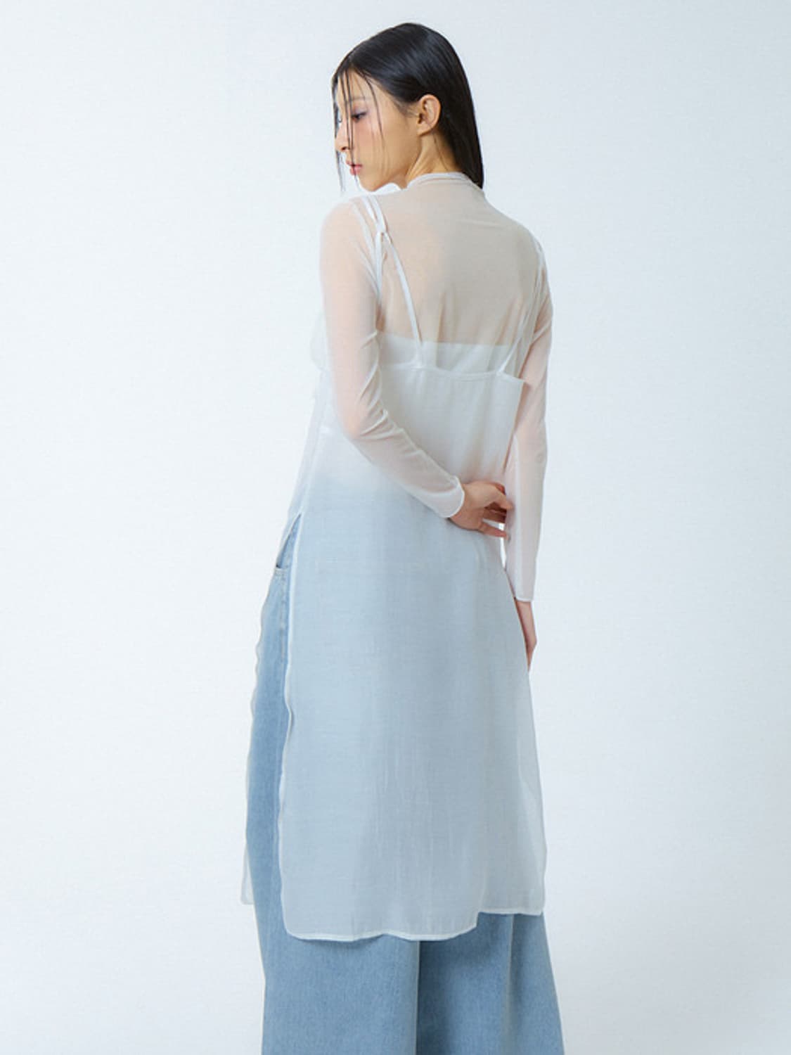 언노운플라넷 시스루 슬릿 원피스 화이트 상품이미지4