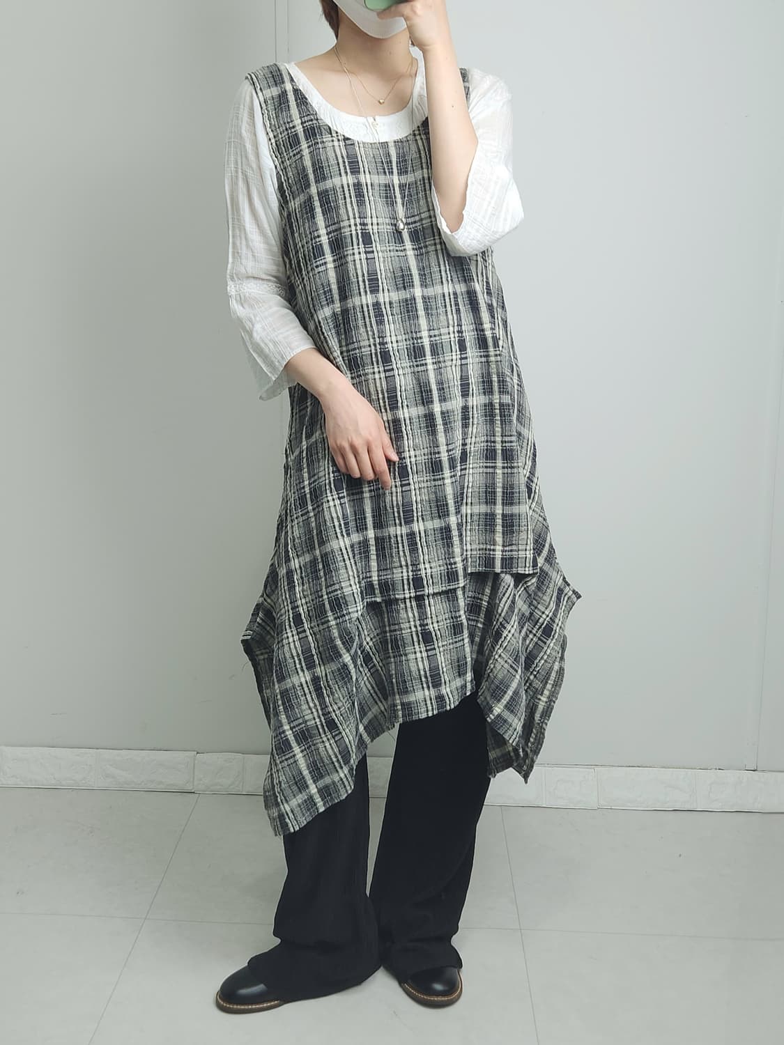 체크 언발 롱 블라우스 상품이미지3