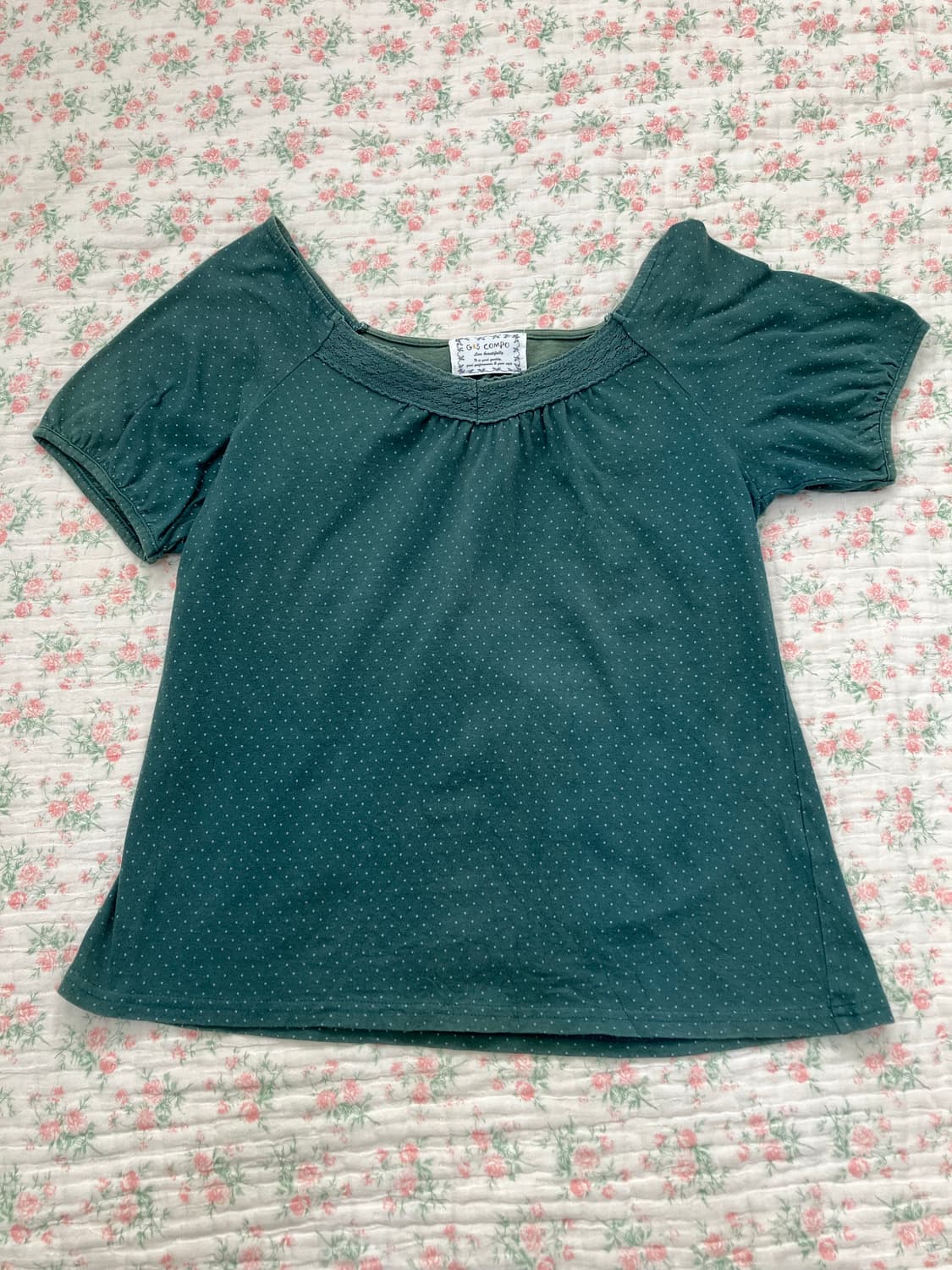 빈티지 청록 땡땡이 크로셰 퍼프 반팔 1118 모리걸 y2k 스트릿 갸루 상품이미지3