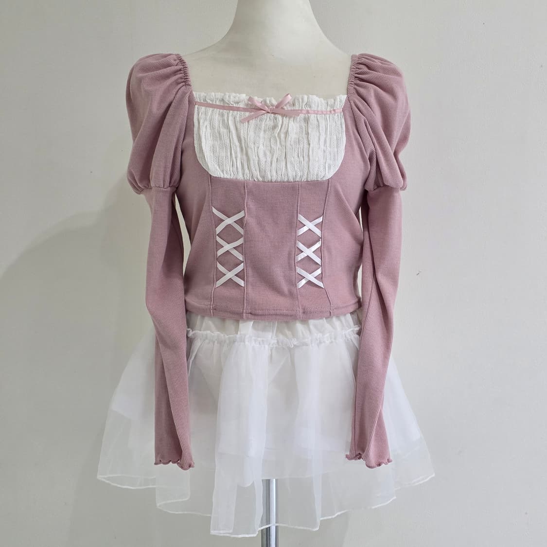 아바일 핑크 히메갸루 퍼프리본 니트블라우스 상품이미지2