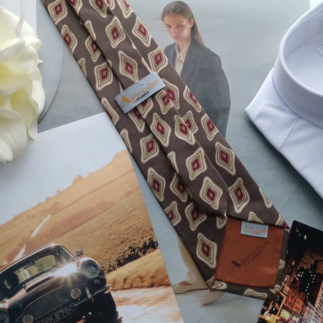 아쿠아스큐텀 브라운 다이아몬드 패턴 넥타이 9.4cm A등급 A18573 상품이미지4