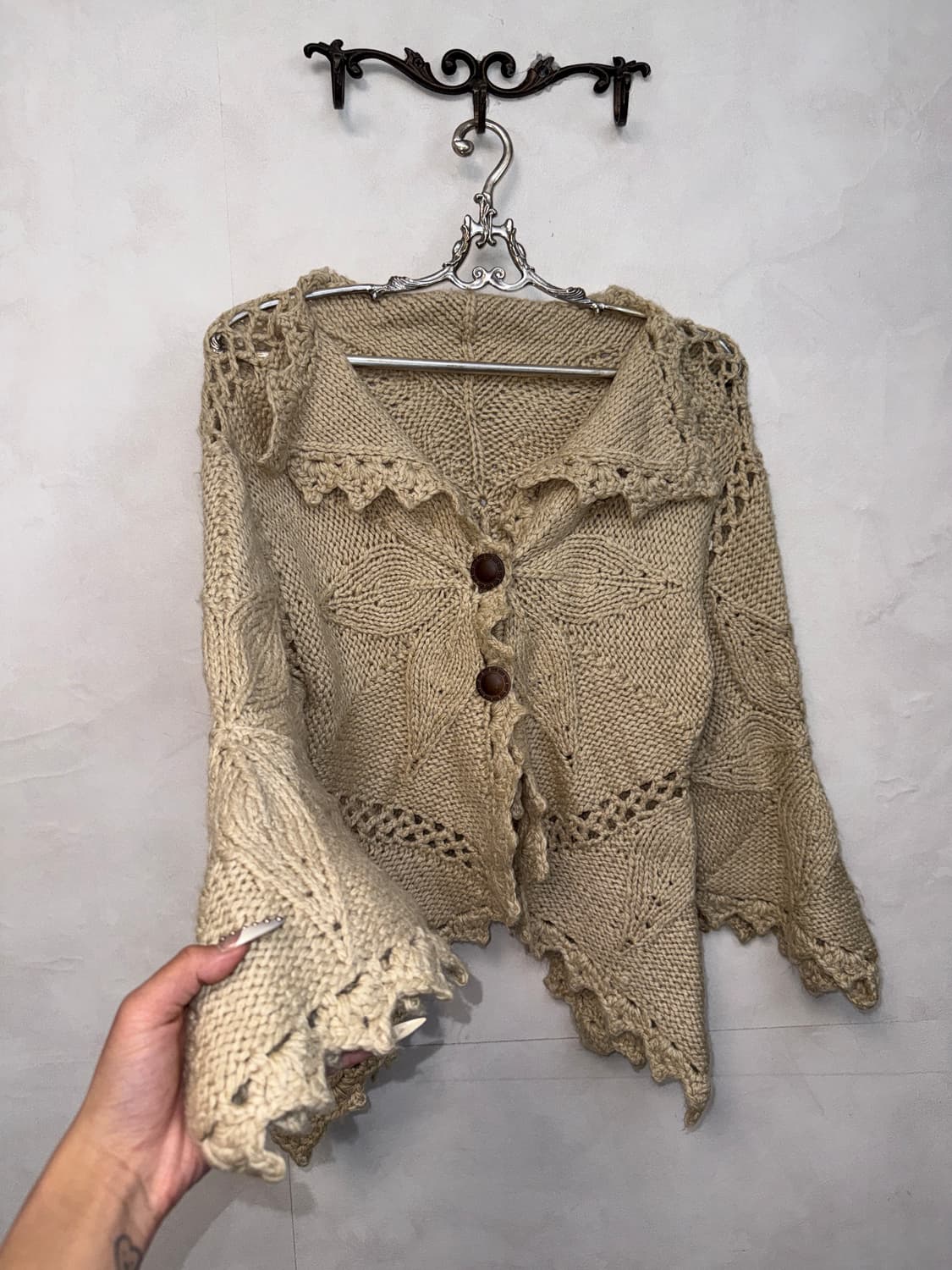 Beige bohemian flower crochet wool 가디건 상품이미지4