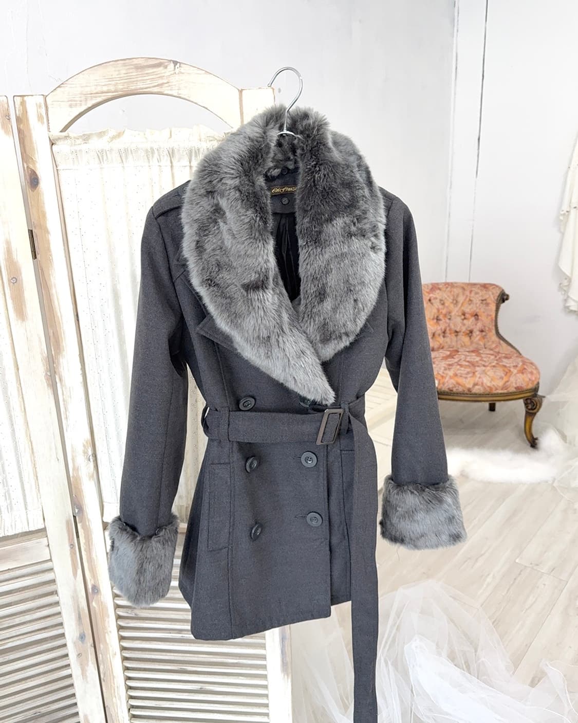 Charcoal Fur-Trim Double-Button Coat 상품이미지1