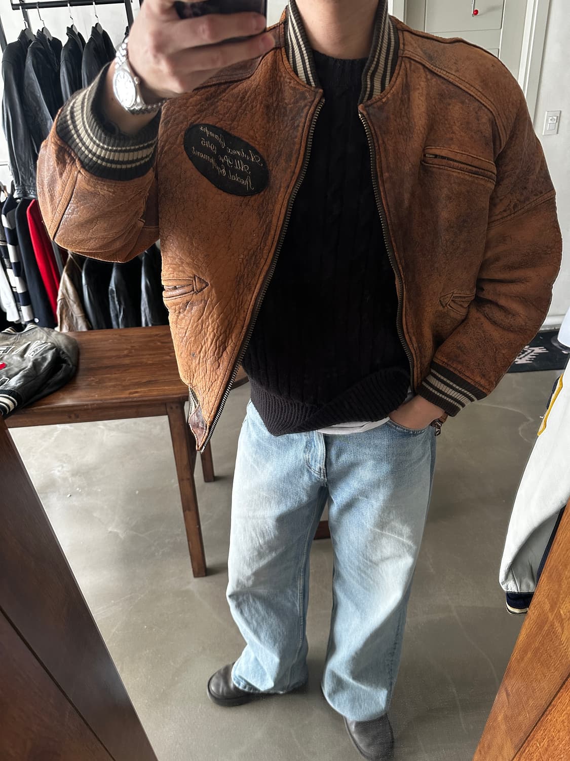 90s Avirex 아비렉스 레더 바시티 자켓 브라운 상품이미지3