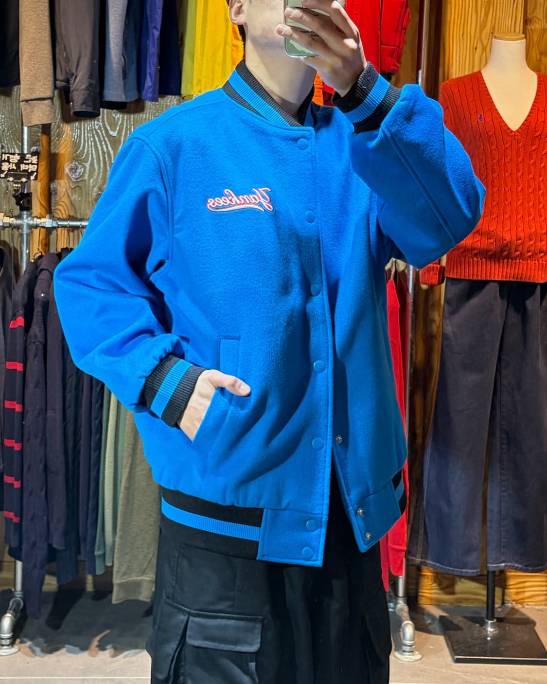 L MLB 뉴욕양키스 컬러 빅로고 라이트블루 울 바시티 상품이미지1