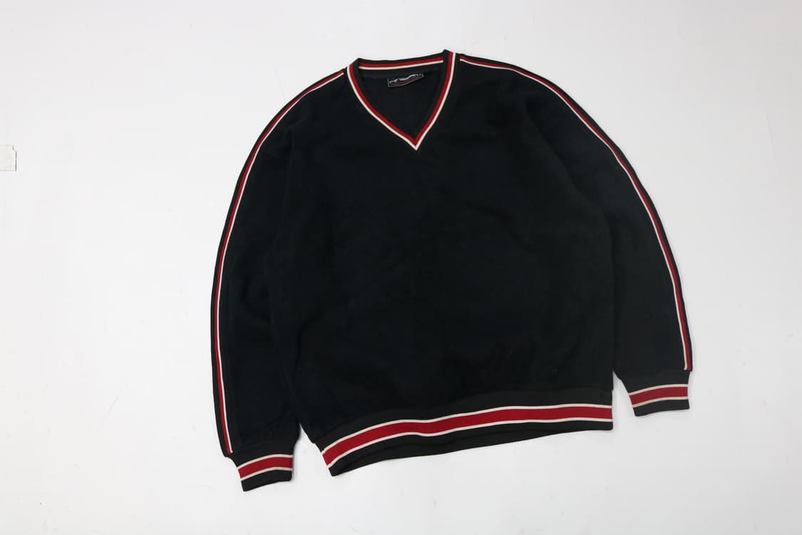 90s 빈티지 레드 라인 스트라이프 브이넥 스웻셔츠(M) 상품이미지2