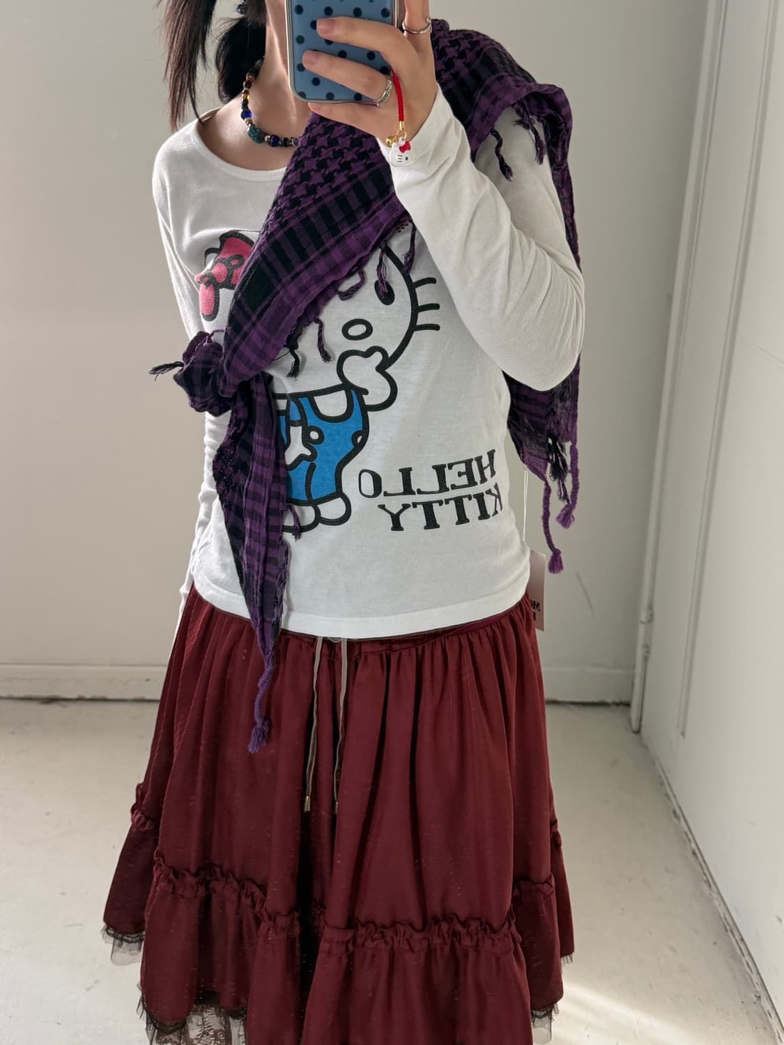 일본빈티지 퍼플 체크 크로스랩 스카프 상품이미지4