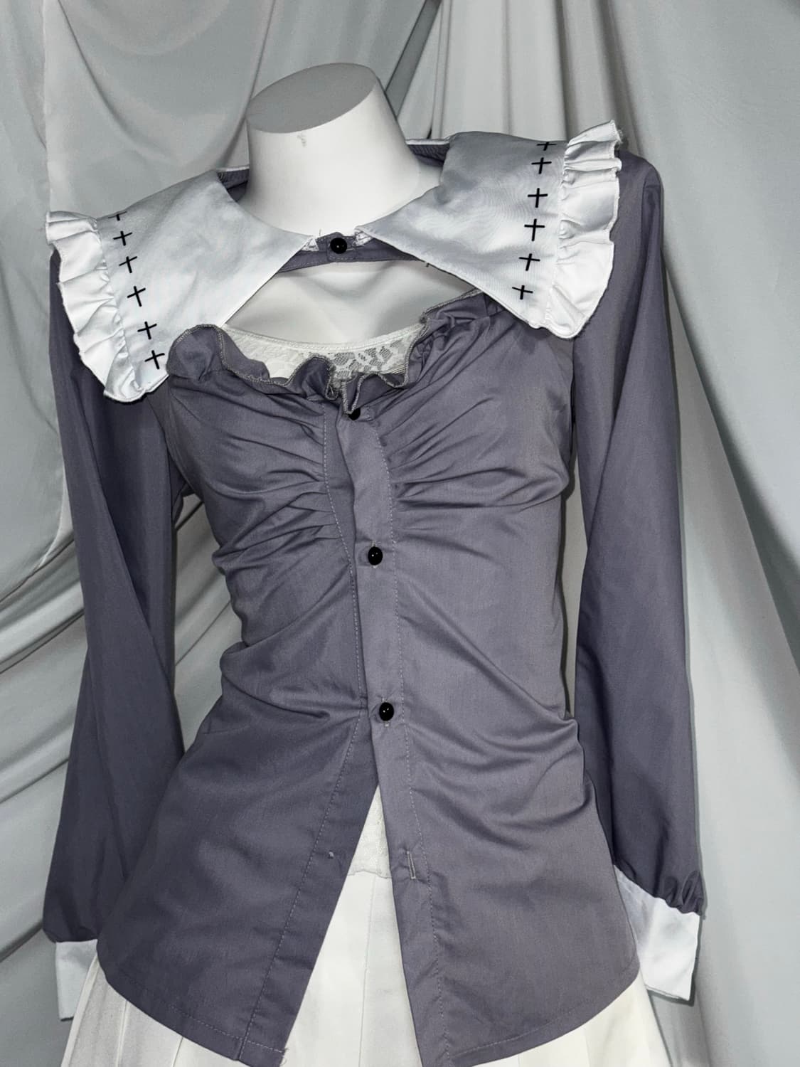 슈가슈가룬깔 화이트 십자가 세일러 체크 프레피 코디세트  상품이미지4