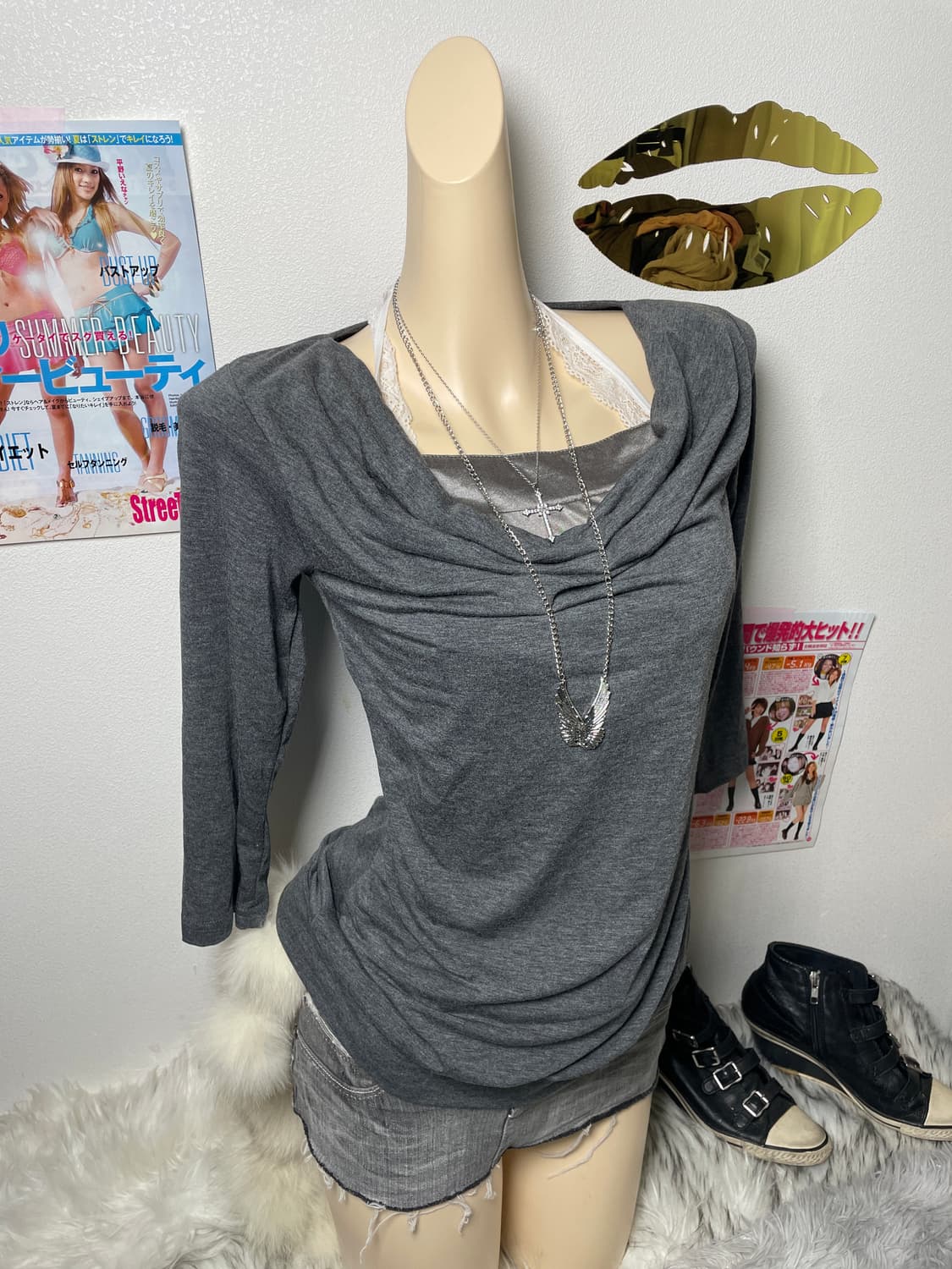 오네갸루 드레이프 그레이 7부 탑 상품이미지1