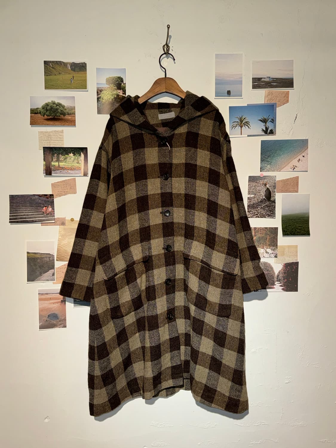 울 후드 체크 코트 상품이미지1