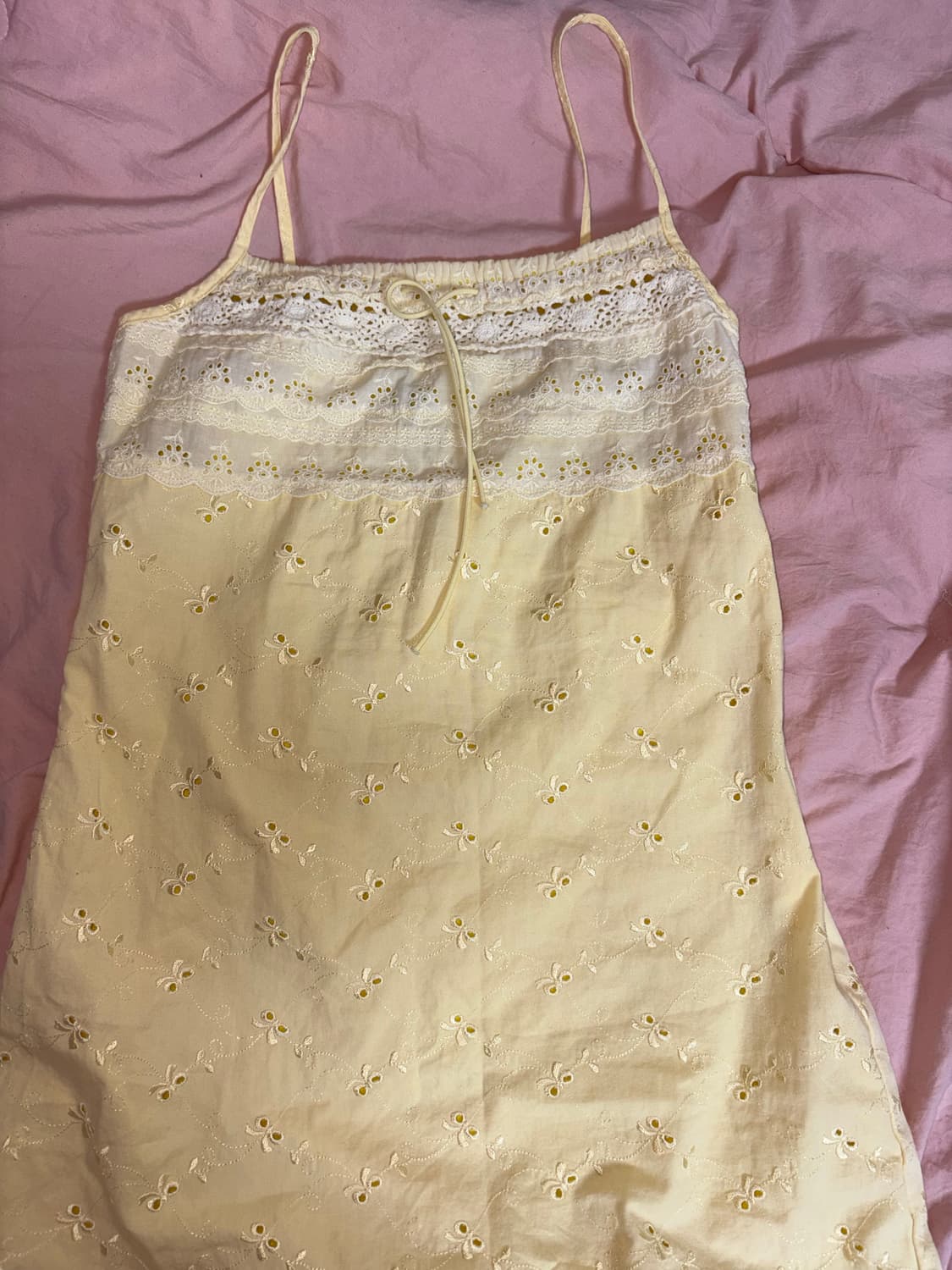 일본 빈티지 연노랑 펀칭 리본 자수 레이스 끈원피스 상품이미지2