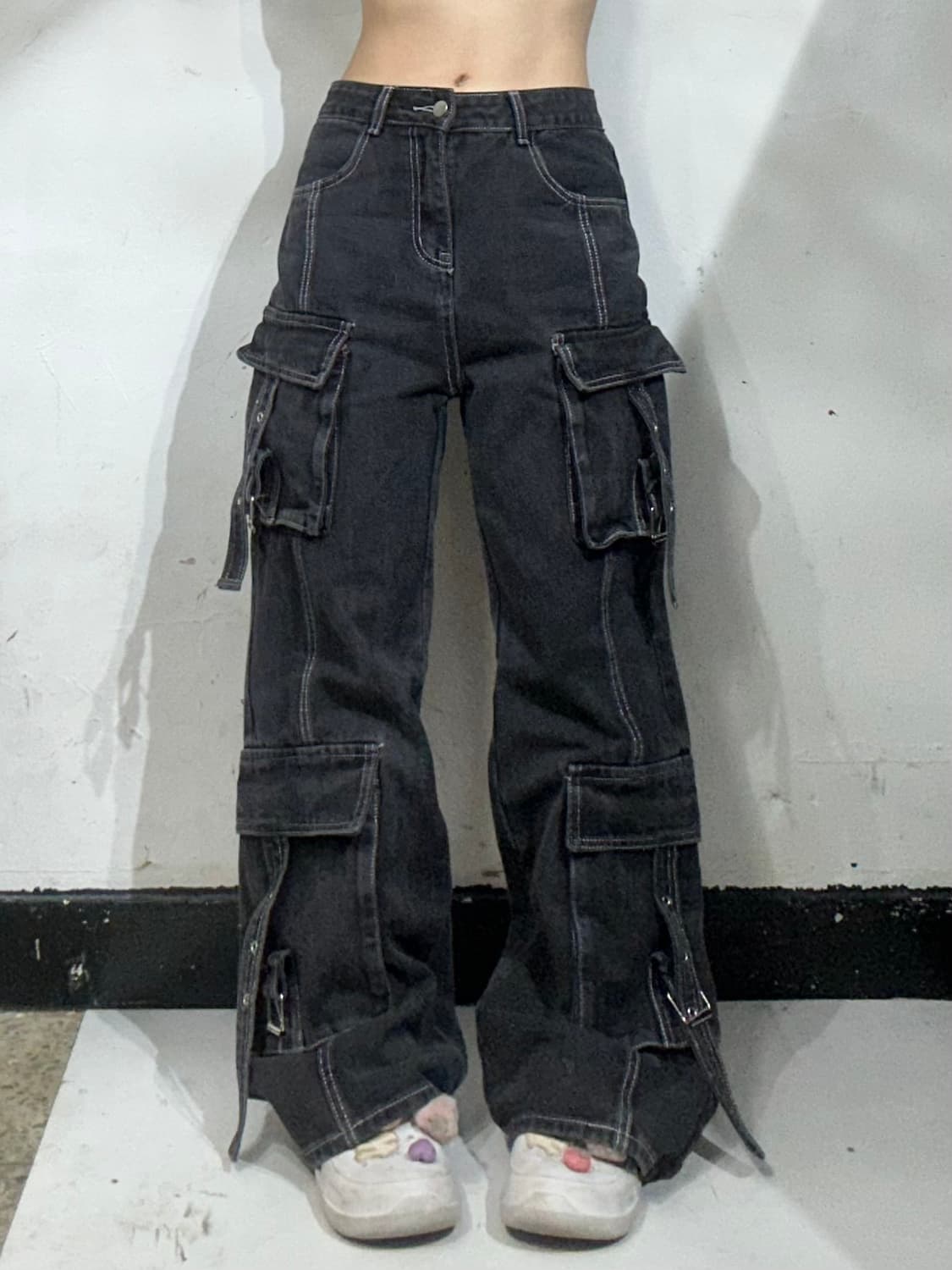 Poem 빈티지 흑청 멀티 포켓 유틸리티 와이드 카고 데님 팬츠 L 상품이미지2